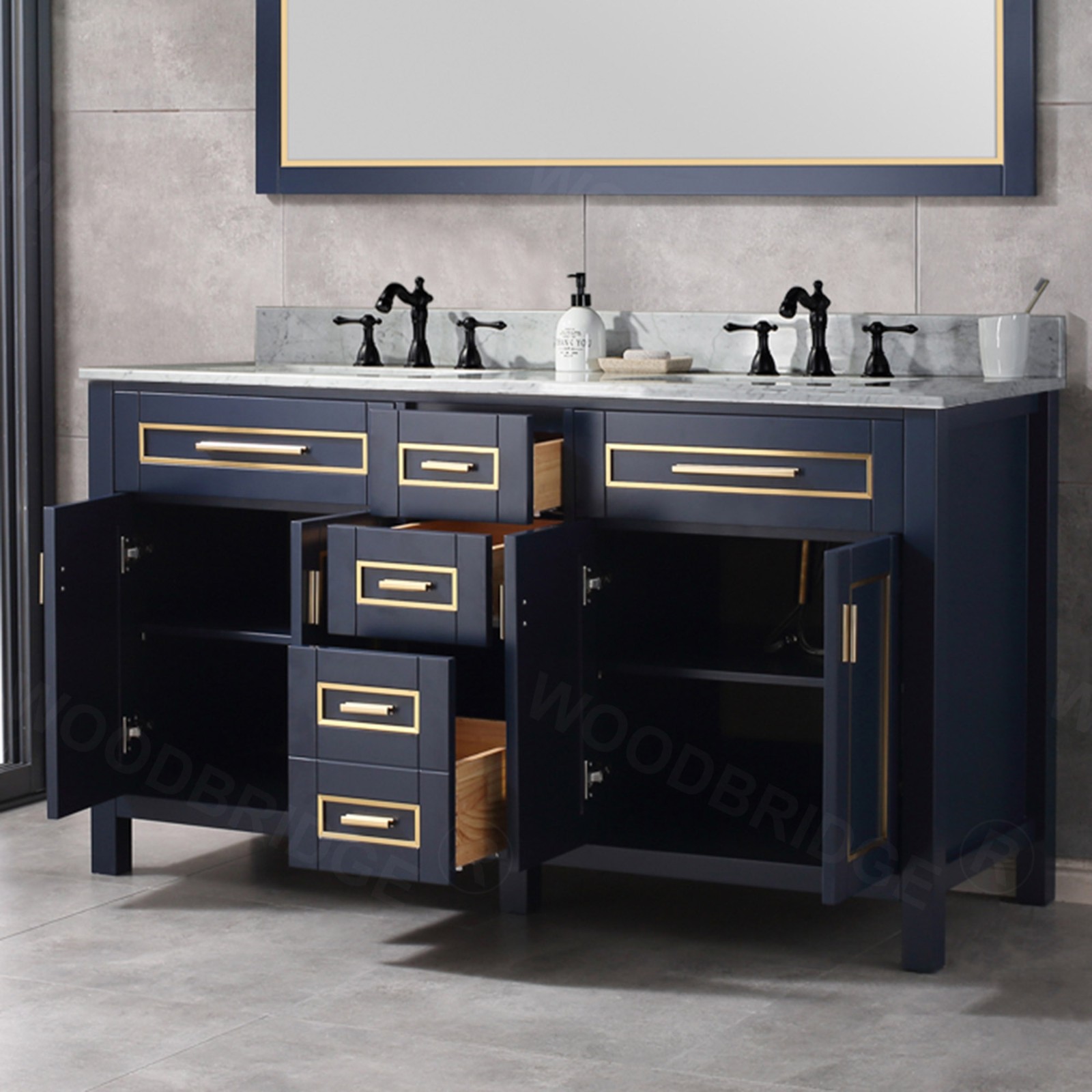  WOODBRIDGE Milan  61” Floor Mounted Single Basin Vanity Set with Solid Wood Cabinet in Navy Blue, and Carrara White Marble Vanity Top with Pre-installed Undermount Rectangle Bathroom Sink in White, Pre-Drilled 3-Hole for 8-inch Widespread Faucet_4649