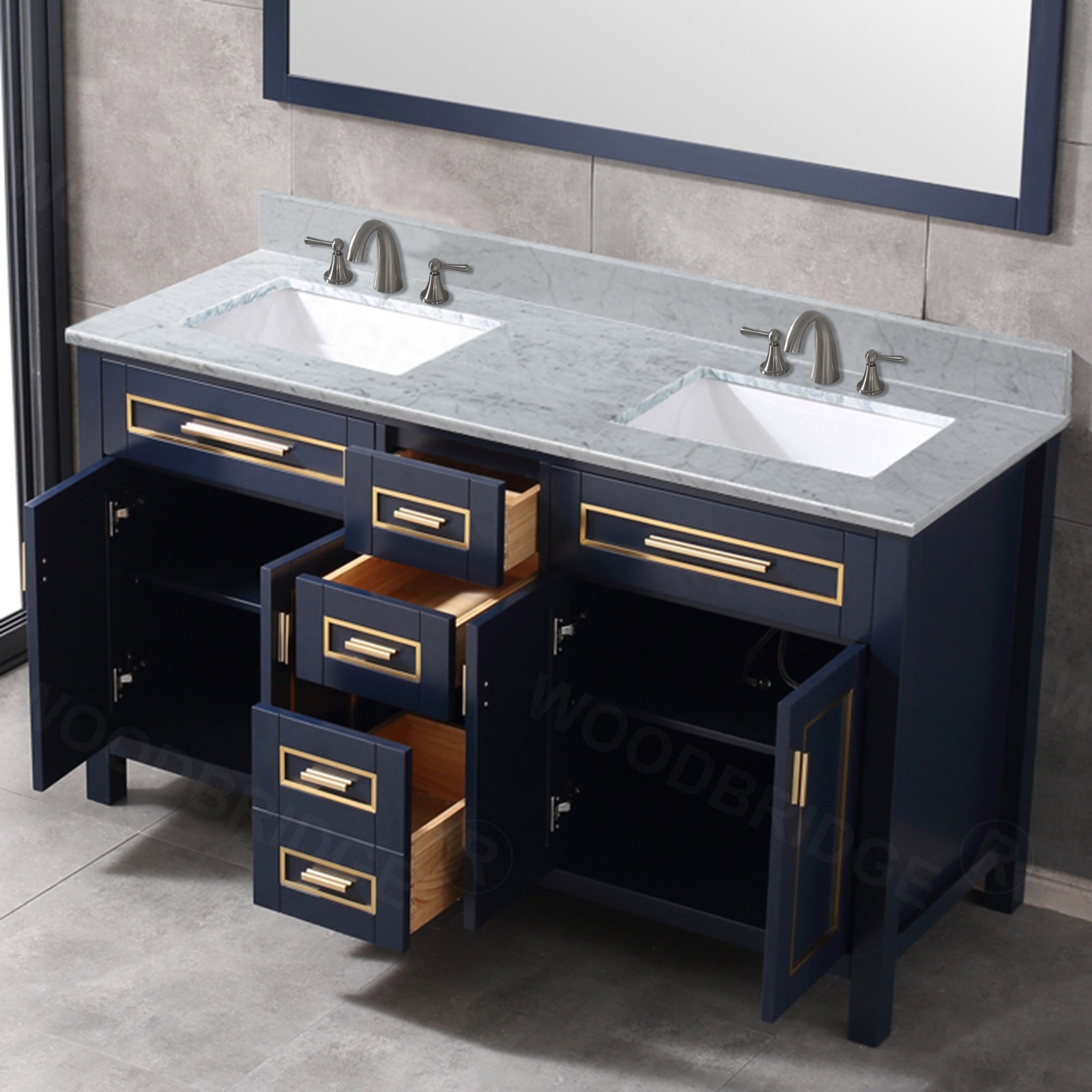 WOODBRIDGE Milan  61” Floor Mounted Single Basin Vanity Set with Solid Wood Cabinet in Navy Blue, and Carrara White Marble Vanity Top with Pre-installed Undermount Rectangle Bathroom Sink in White, Pre-Drilled 3-Hole for 4-inch Centerset Faucet_4656