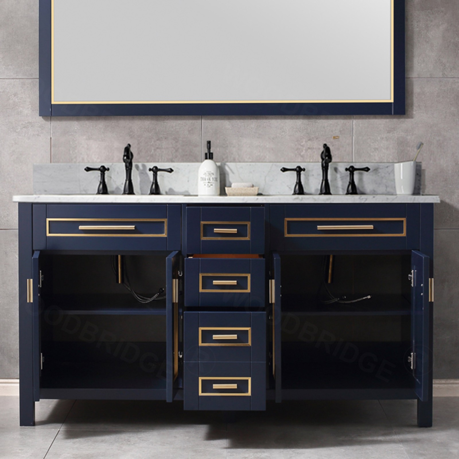  WOODBRIDGE Milan  61” Floor Mounted Single Basin Vanity Set with Solid Wood Cabinet in Navy Blue, and Carrara White Marble Vanity Top with Pre-installed Undermount Rectangle Bathroom Sink in White, Pre-Drilled 3-Hole for 4-inch Centerset Faucet_4657