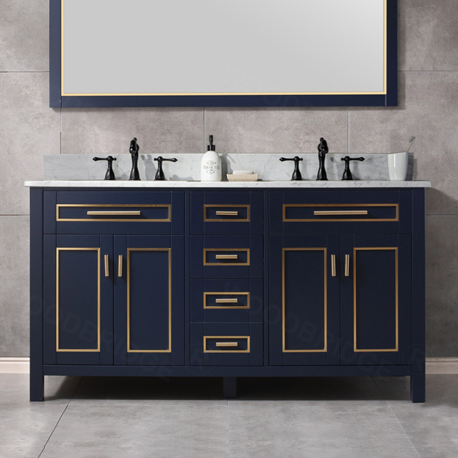  WOODBRIDGE Milan  61” Floor Mounted Single Basin Vanity Set with Solid Wood Cabinet in Navy Blue, and Carrara White Marble Vanity Top with Pre-installed Undermount Rectangle Bathroom Sink in White, Pre-Drilled 3-Hole for 8-inch Widespread Faucet_4648