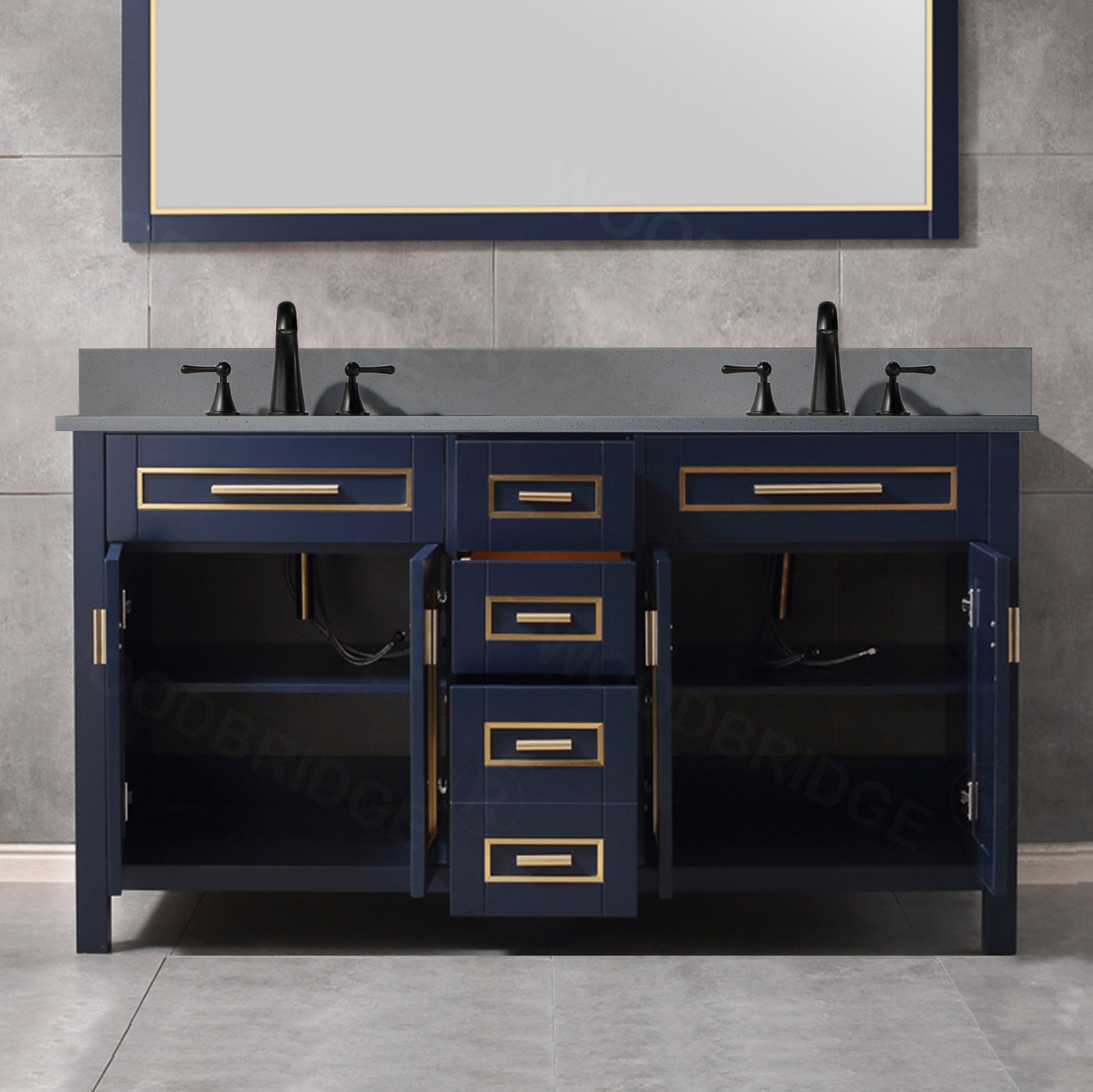  WOODBRIDGE Milan  61”Floor Mounted Single Basin Vanity Set with Solid Wood Cabinet in Navy Blue and Engineered stone composite Vanity Top in Dark Gray with Pre-installed Undermount Rectangle Bathroom Sink in White and Pre-Drilled 3-Hole for 8”Widespread F_4641