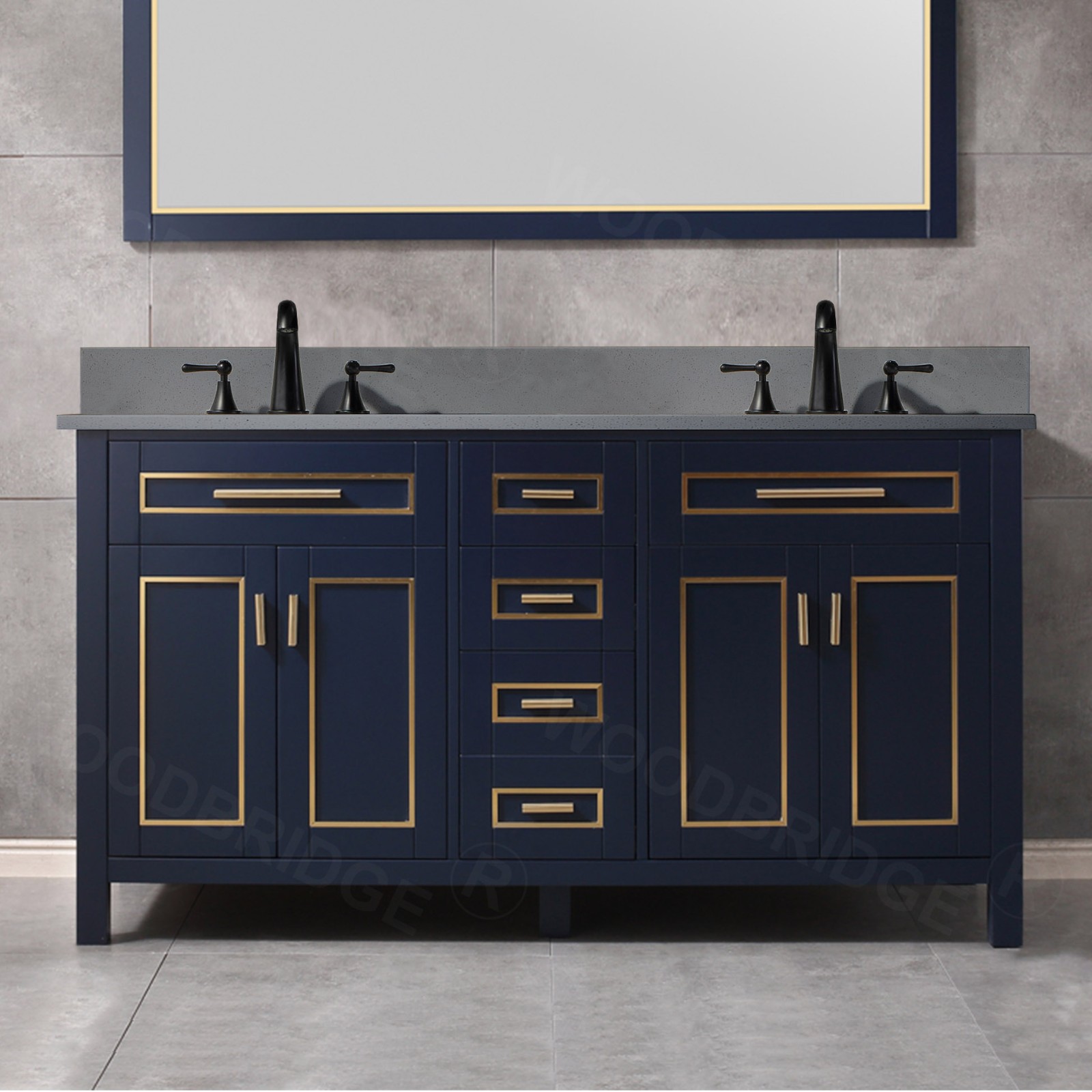  WOODBRIDGE Milan  61” Floor Mounted Single Basin Vanity Set with Solid Wood Cabinet in Navy Blue and Engineered stone composite Vanity Top in Dark Gray with Pre-installed Undermount Rectangle Bathroom Sink in White and Pre-Drilled 3-Hole for 4” Centerset_4644