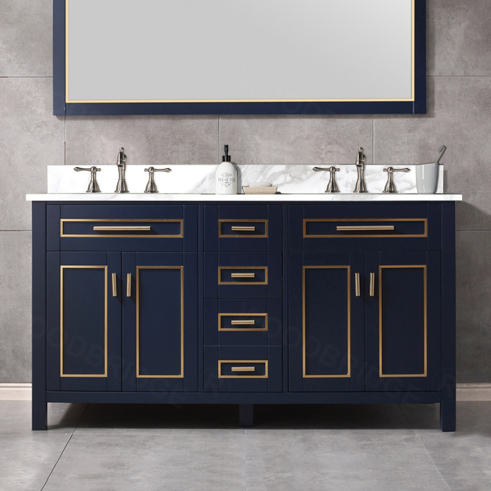  WOODBRIDGE Milan  61” Floor Mounted Single Basin Vanity Set with Solid Wood Cabinet in Navy Blue and Engineered stone composite Vanity Top in Fish Belly White with Pre-installed Undermount Rectangle Bathroom Sink and Pre-Drilled 3-Hole for 4” Centerset Fa_4636