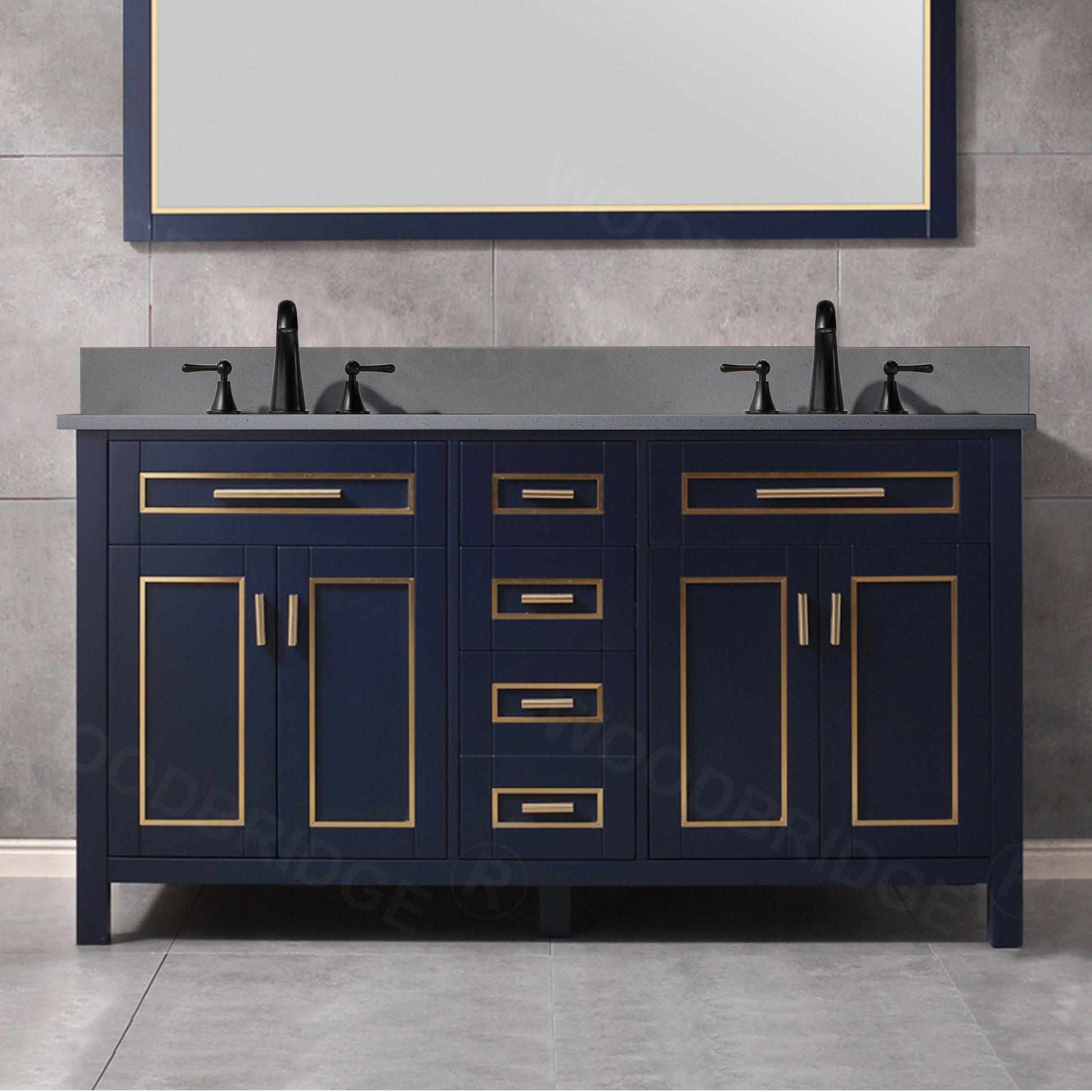 WOODBRIDGE Milan  61” Floor Mounted Single Basin Vanity Set with Solid Wood Cabinet in Navy Blue and Engineered stone composite Vanity Top in Dark Gray with Pre-installed Undermount Rectangle Bathroom Sink in White and Pre-Drilled 3-Hole for 4” Centerset