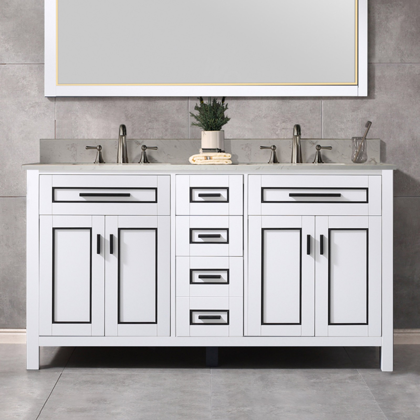  WOODBRIDGE Milan  61” Floor Mounted Single Basin Vanity Set with Solid Wood Cabinet in White and Engineered stone composite Vanity Top in Carrara White with Pre-installed Undermount Rectangle Bathroom Sink in White and Pre-Drilled 3-Hole for 8”Widespread_4625
