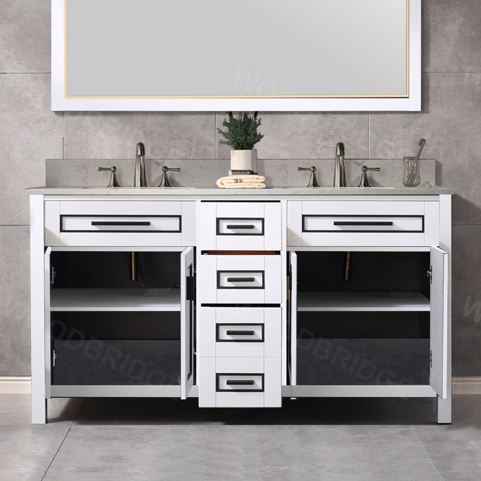  WOODBRIDGE Milan  61” Floor Mounted Single Basin Vanity Set with Solid Wood Cabinet in White and Engineered stone composite Vanity Top in Carrara White with Pre-installed Undermount Rectangle Bathroom Sink in White and Pre-Drilled 3-Hole for 8”Widespread_4626
