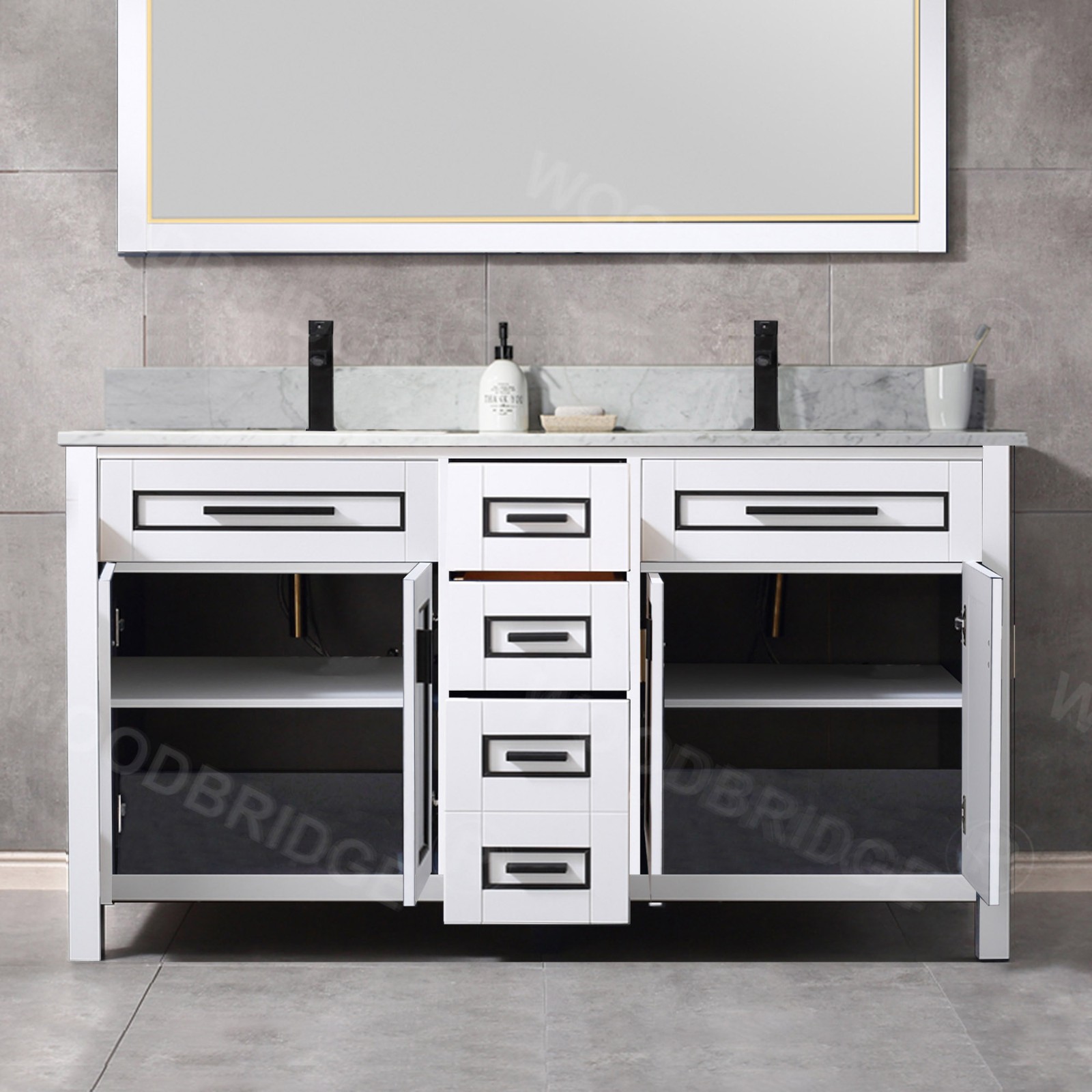  WOODBRIDGE Milan  61” Floor Mounted Single Basin Vanity Set with Solid Wood Cabinet in White, and Carrara White Marble Vanity Top with Pre-installed Undermount Rectangle Bathroom Sink in White, Pre-Drilled Single Faucet Hole_4621