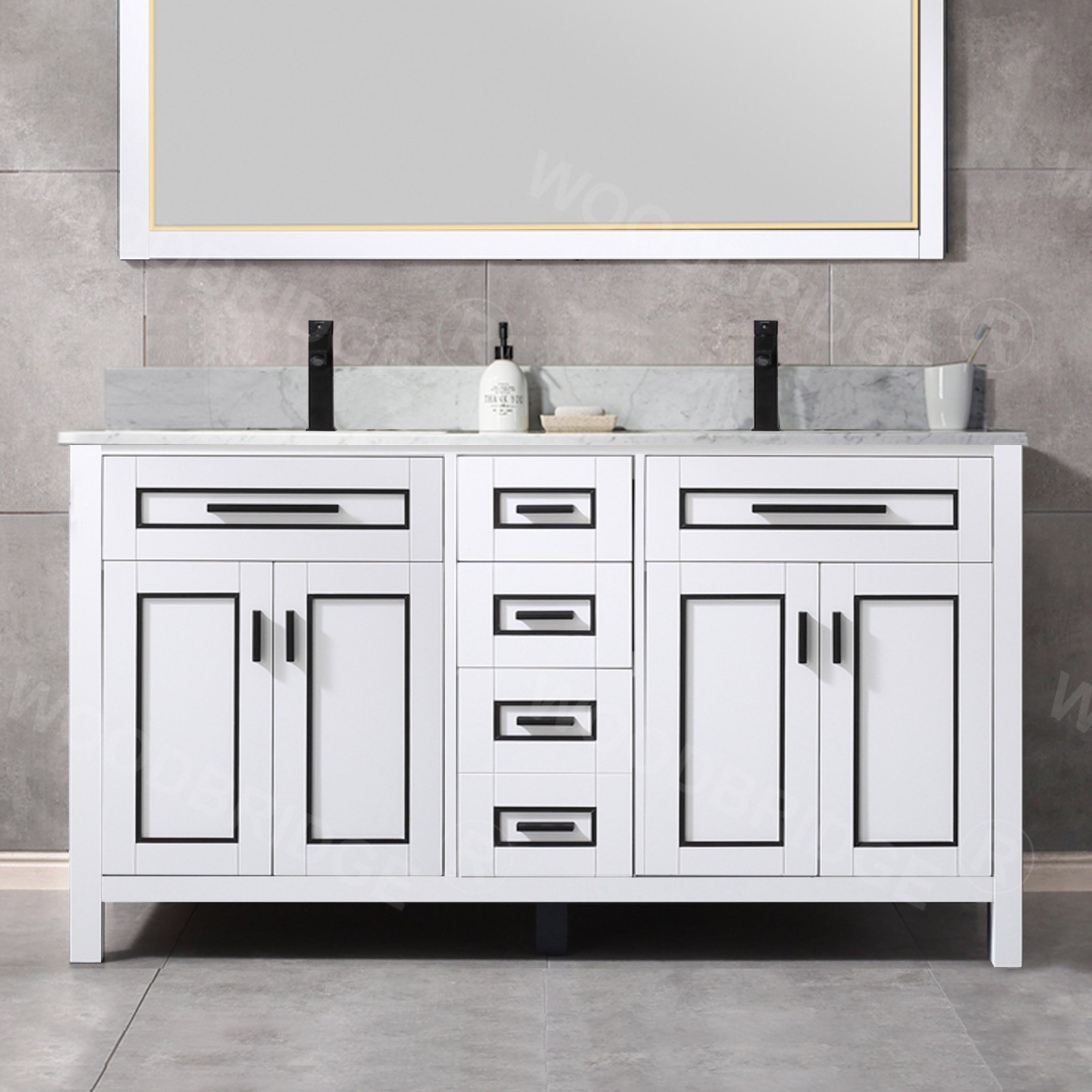  WOODBRIDGE Milan  61” Floor Mounted Single Basin Vanity Set with Solid Wood Cabinet in White, and Carrara White Marble Vanity Top with Pre-installed Undermount Rectangle Bathroom Sink in White, Pre-Drilled Single Faucet Hole_4620