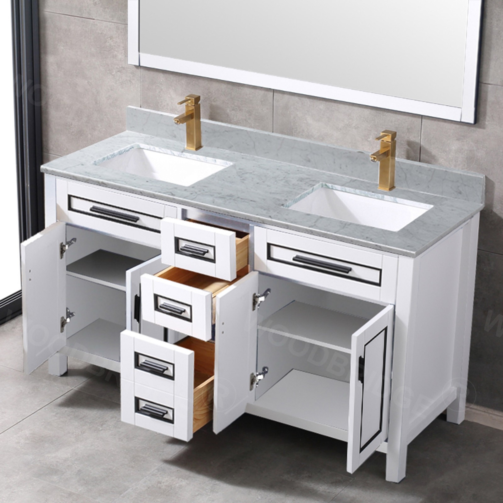  WOODBRIDGE Milan  61” Floor Mounted Single Basin Vanity Set with Solid Wood Cabinet in White, and Carrara White Marble Vanity Top with Pre-installed Undermount Rectangle Bathroom Sink in White, Pre-Drilled Single Faucet Hole_4622
