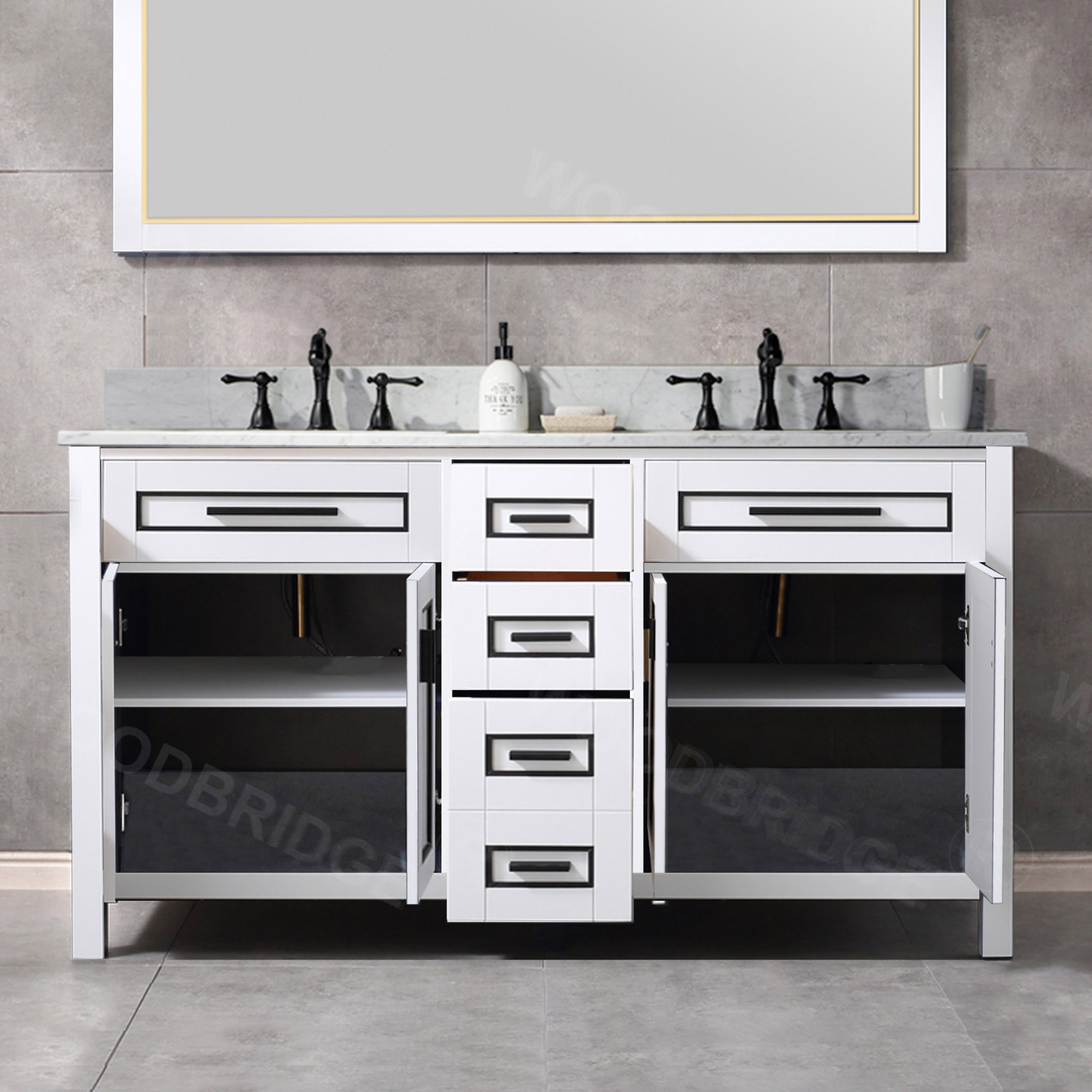  WOODBRIDGE Milan  61” Floor Mounted Single Basin Vanity Set with Solid Wood Cabinet in White, and Carrara White Marble Vanity Top with Pre-installed Undermount Rectangle Bathroom Sink in White, Pre-Drilled 3-Hole for 8-inch Widespread Faucet_4611