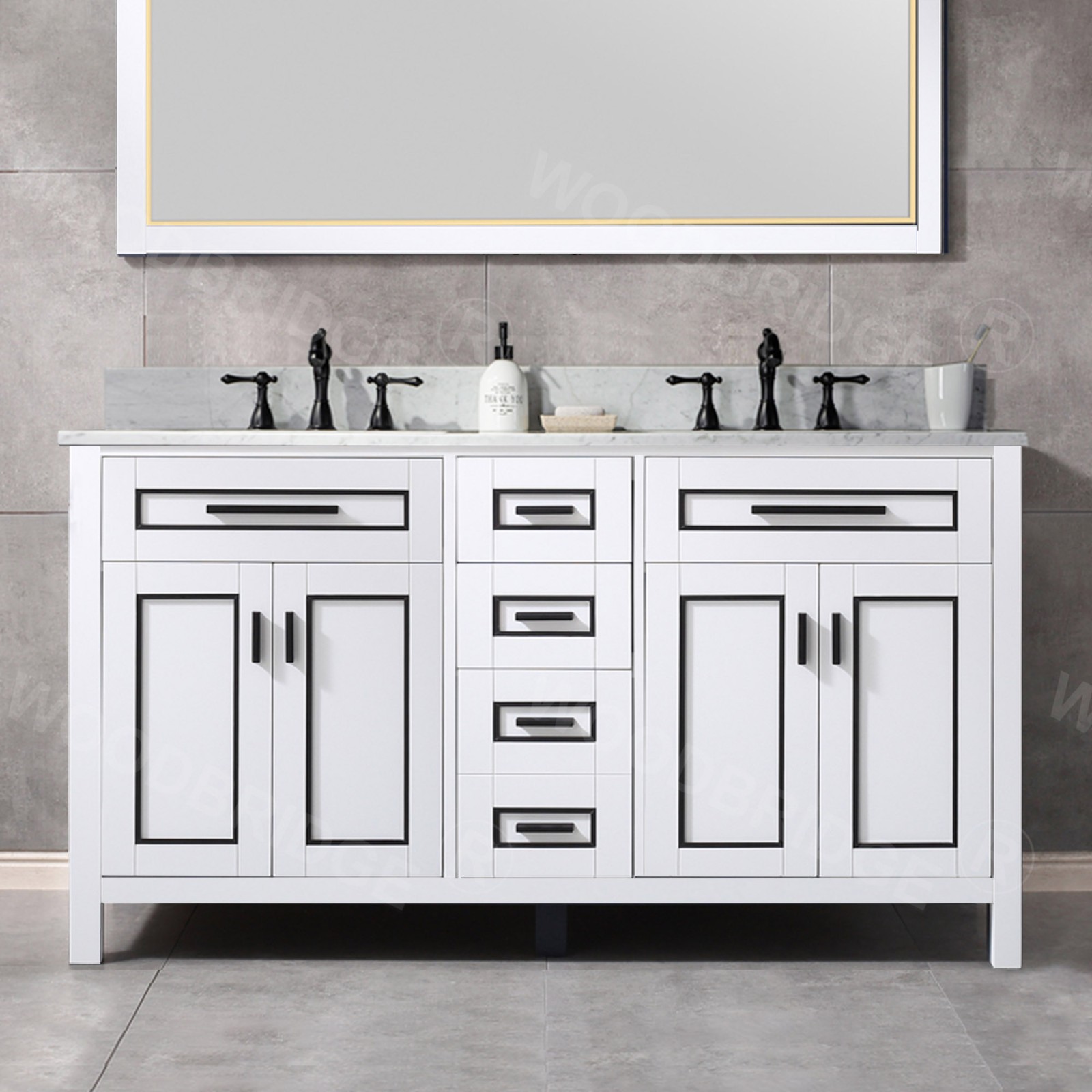  WOODBRIDGE Milan  61” Floor Mounted Single Basin Vanity Set with Solid Wood Cabinet in White, and Carrara White Marble Vanity Top with Pre-installed Undermount Rectangle Bathroom Sink in White, Pre-Drilled 3-Hole for 4-inch Centerset Faucet_4615