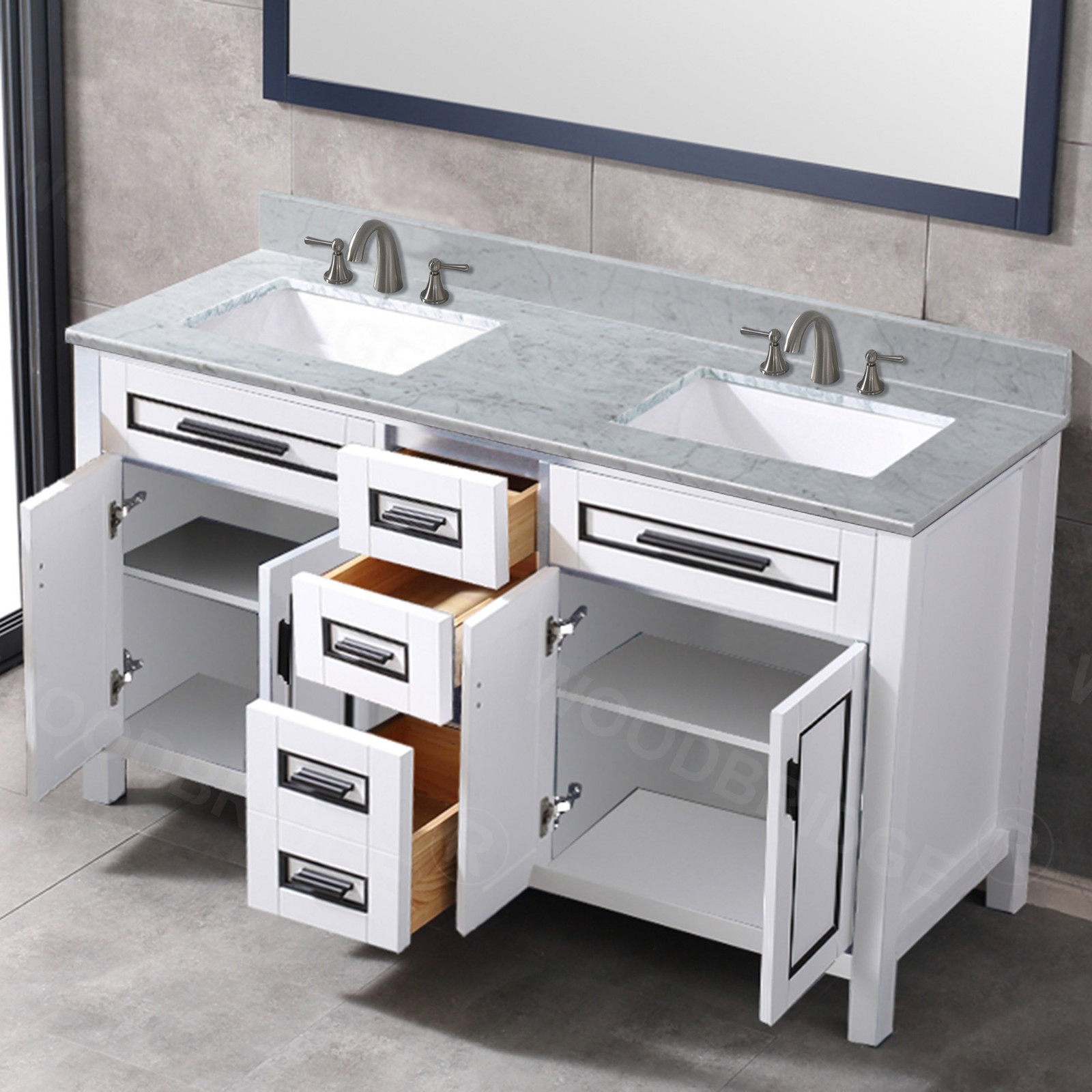  WOODBRIDGE Milan  61” Floor Mounted Single Basin Vanity Set with Solid Wood Cabinet in White, and Carrara White Marble Vanity Top with Pre-installed Undermount Rectangle Bathroom Sink in White, Pre-Drilled 3-Hole for 4-inch Centerset Faucet_4617