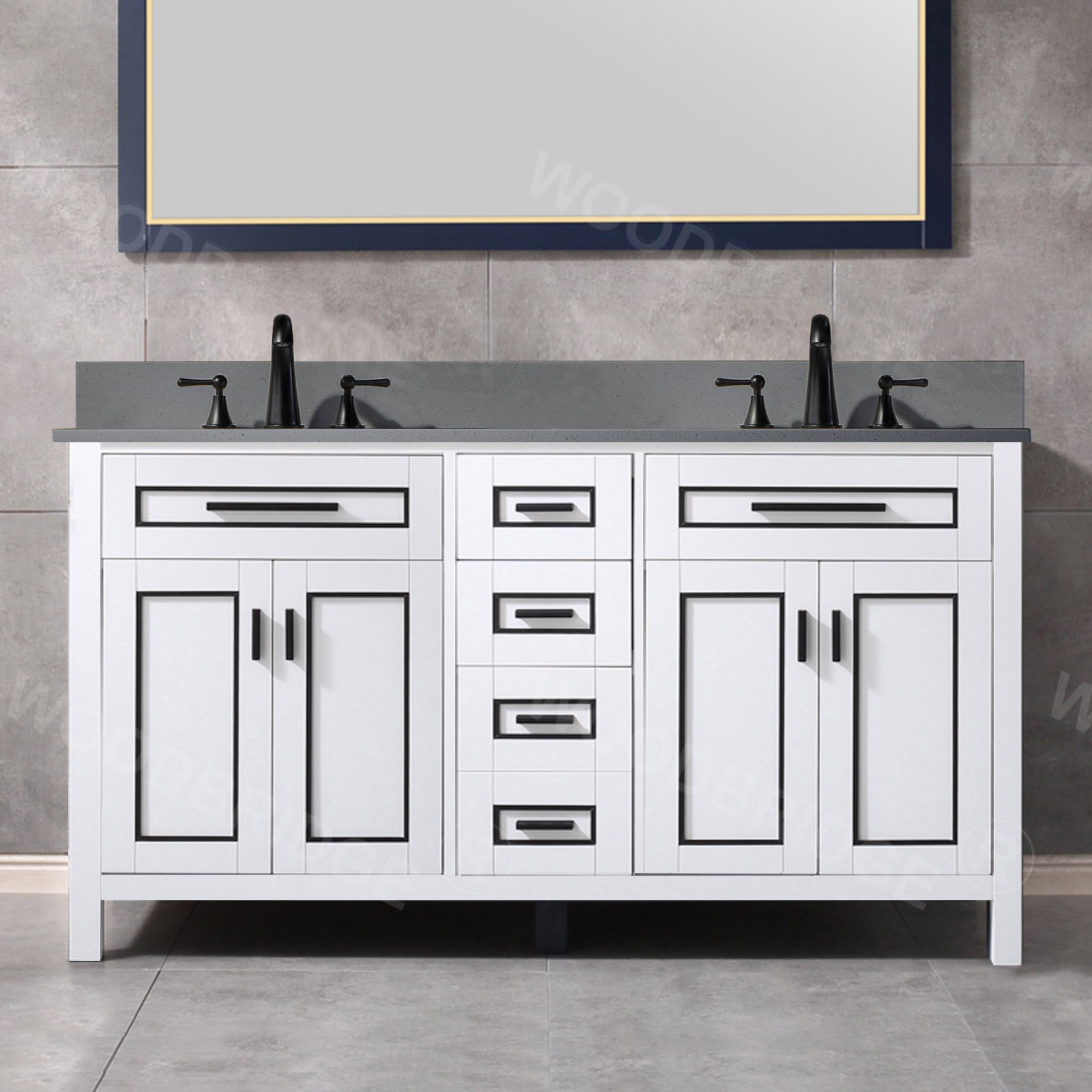  WOODBRIDGE Milan  61” Floor Mounted Single Basin Vanity Set with Solid Wood Cabinet in White and Engineered stone composite Vanity Top in Dark Gray with Pre-installed Undermount Rectangle Bathroom Sink in White and Pre-Drilled 3-Hole for 4-inch Centerset_4606