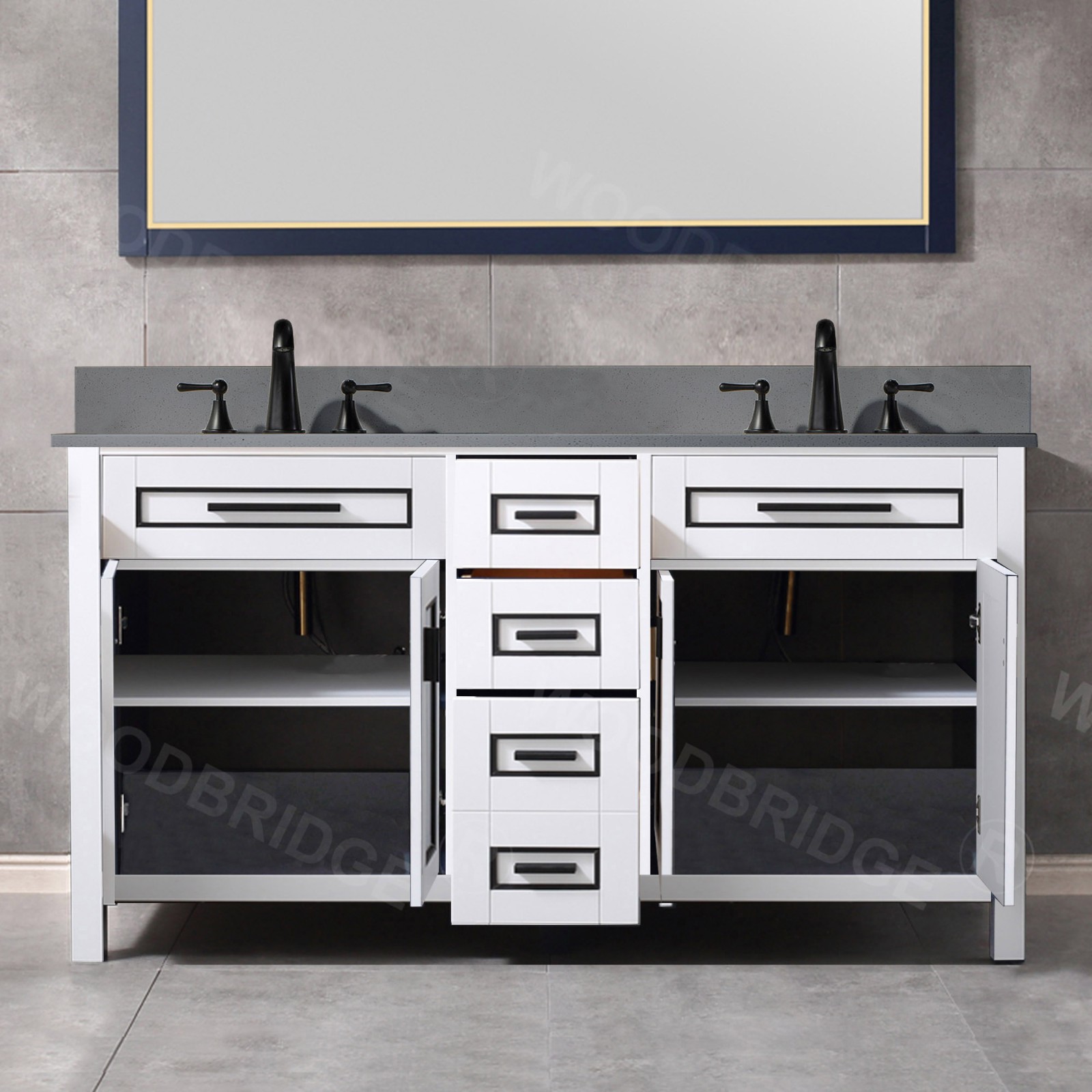  WOODBRIDGE Milan  61” Floor Mounted Single Basin Vanity Set with Solid Wood Cabinet in White and Engineered stone composite Vanity Top in Dark Gray with Pre-installed Undermount Rectangle Bathroom Sink in White and Pre-Drilled 3-Hole for 4-inch Centerset_4607