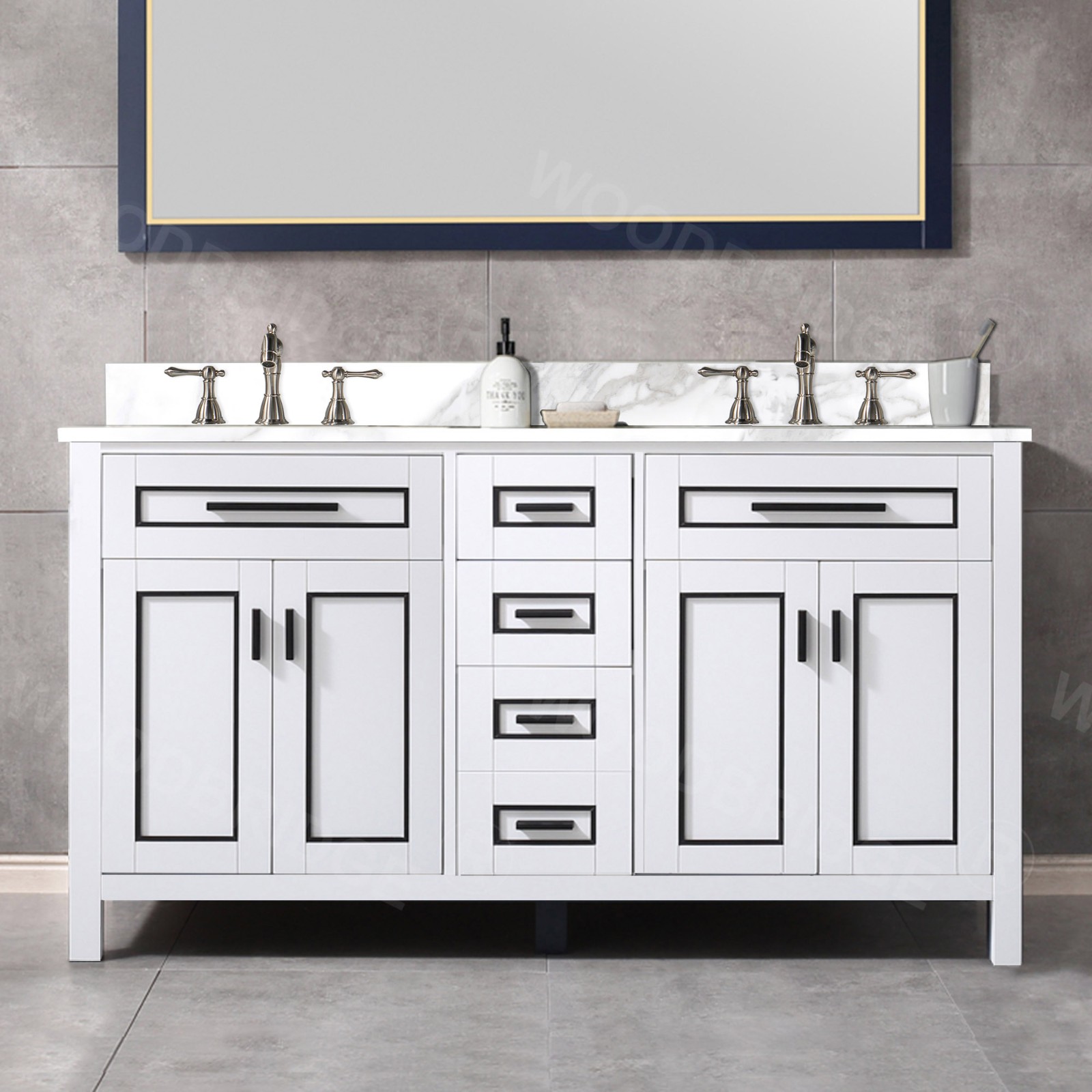  WOODBRIDGE Milan  61” Floor Mounted Single Basin Vanity Set with Solid Wood Cabinet in White and Engineered stone composite Vanity Top in Fish Belly White with Pre-installed Undermount Rectangle Bathroom Sink and Pre-Drilled 3-Hole for 8-inch Widespread F_4594