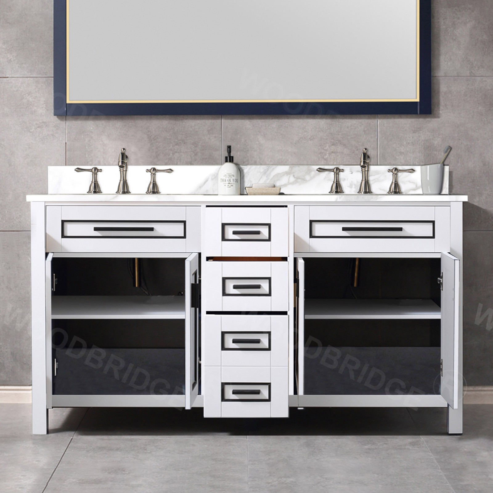  WOODBRIDGE Milan  61” Floor Mounted Single Basin Vanity Set with Solid Wood Cabinet in White and Engineered stone composite Vanity Top in Fish Belly White with Pre-installed Undermount Rectangle Bathroom Sink and Pre-Drilled 3-Hole for 8-inch Widespread F_4595