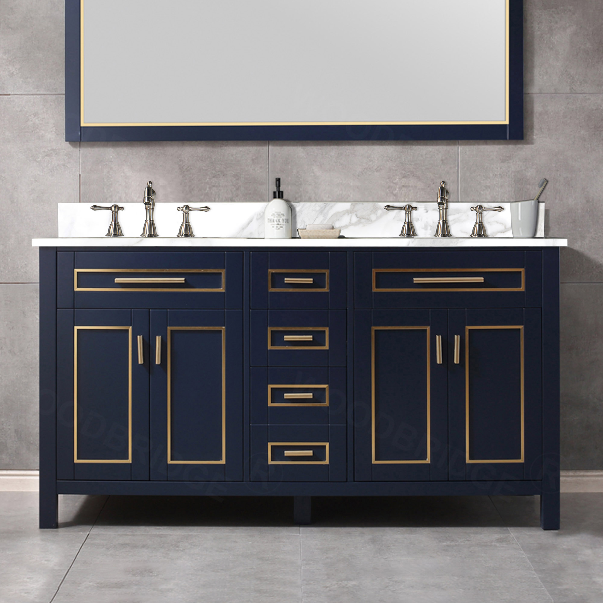 WOODBRIDGE Milan  61” Floor Mounted Single Basin Vanity Set with Solid Wood Cabinet in Navy Blue and Engineered stone composite Vanity Top in Fish Belly White with Pre-installed Undermount Rectangle Bathroom Sink and Pre-Drilled 3-Hole for 8” Widespread F