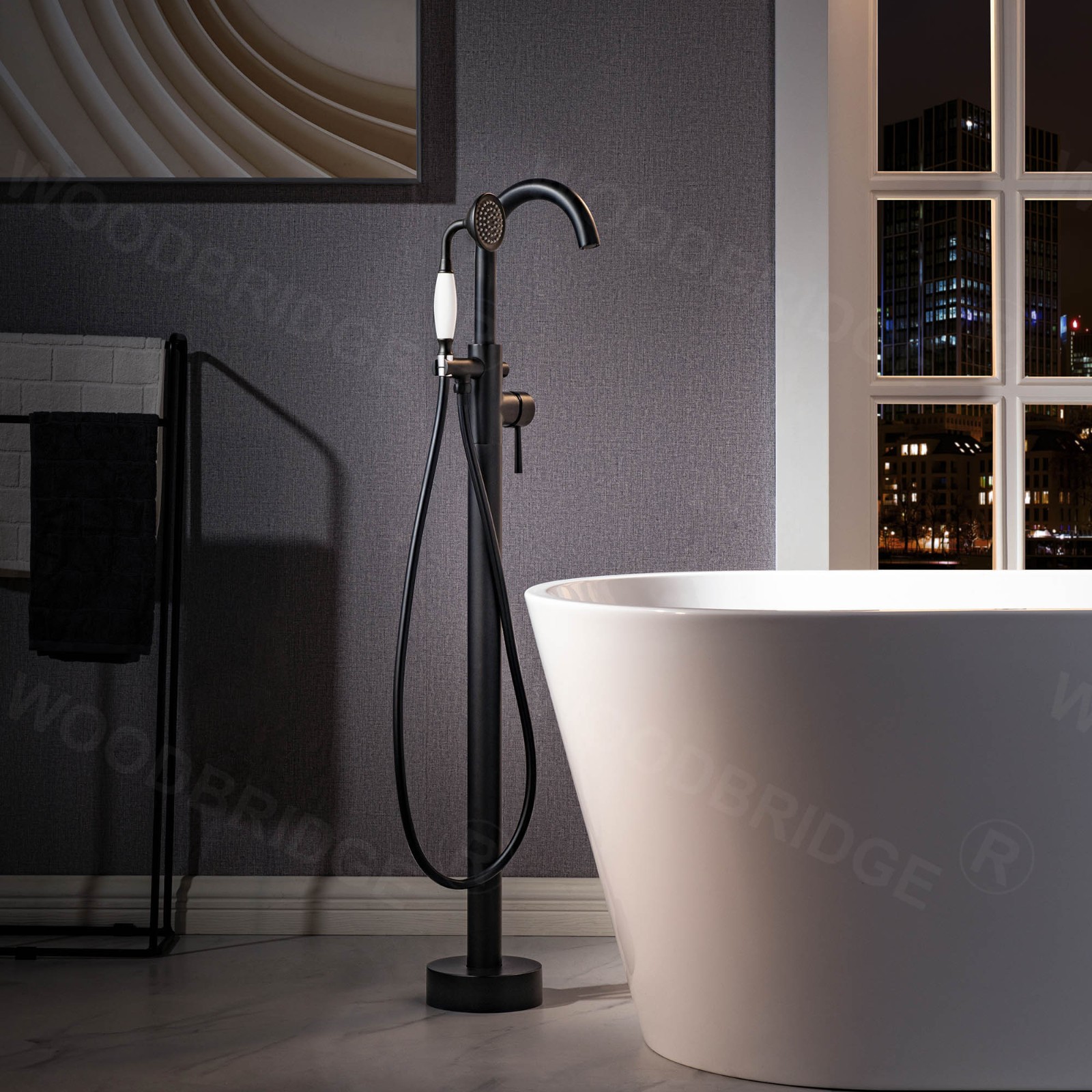  WOODBRIDGE F0025MBVT Fusion Single Handle Floor Mount Freestanding Tub Filler Faucet with Telephone Hand shower in Matte Black Finish._5256