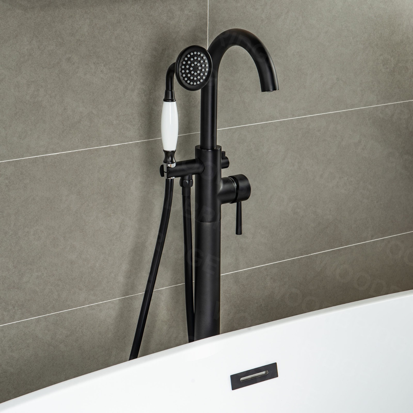  WOODBRIDGE F0025MBVT Fusion Single Handle Floor Mount Freestanding Tub Filler Faucet with Telephone Hand shower in Matte Black Finish._5263