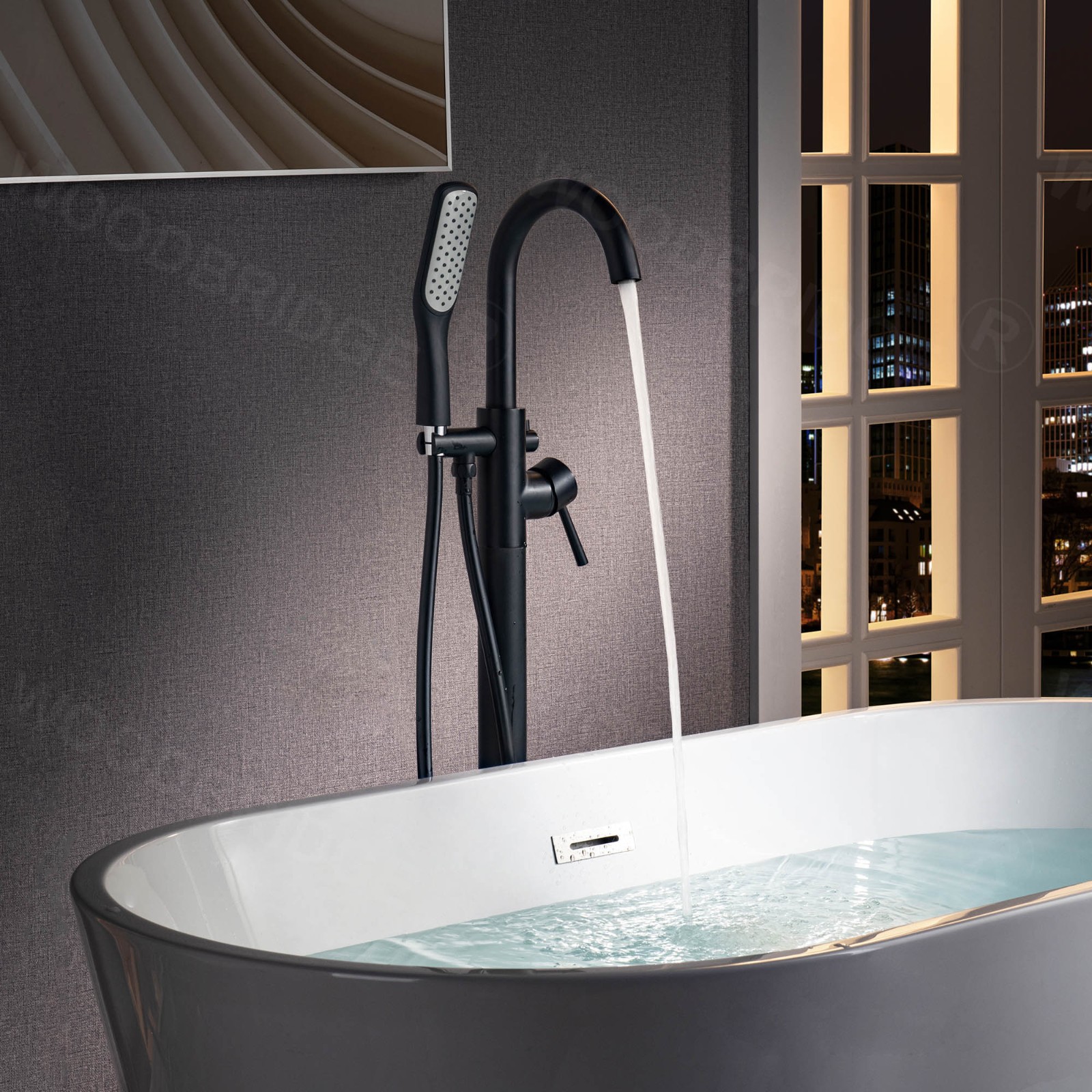  WOODBRIDGE F0025MBSQ Fusion Single Handle Floor Mount Freestanding Tub Filler Faucet with Square Comfort Grip Hand Shower in Matte Black Finish._5268