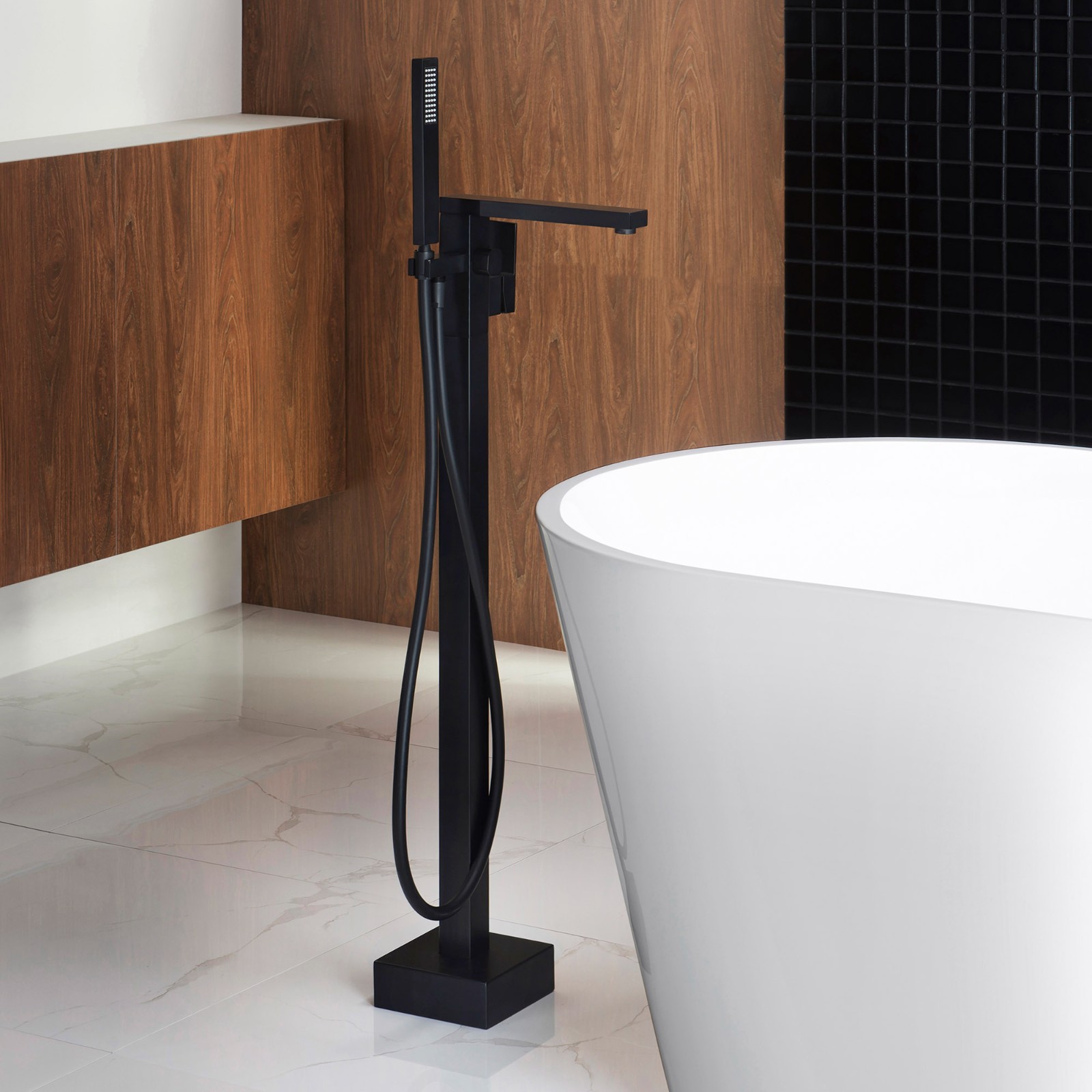 WOODBRIDGE F0009BL Contemporary Single Handle Floor Mount Freestanding Tub Filler Faucet with Hand shower in Matte Black Finish._4210