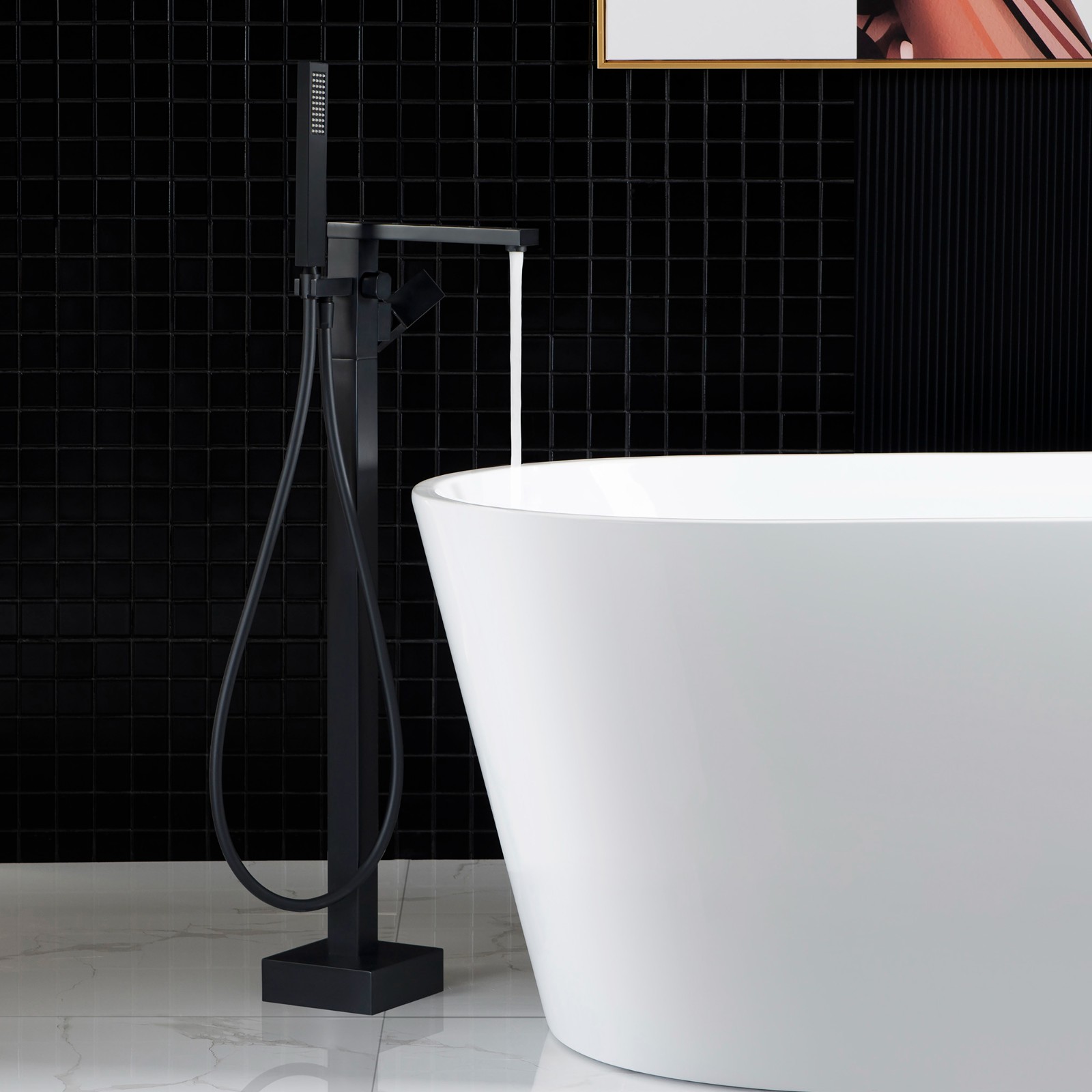  WOODBRIDGE F0009BL Contemporary Single Handle Floor Mount Freestanding Tub Filler Faucet with Hand shower in Matte Black Finish._4215