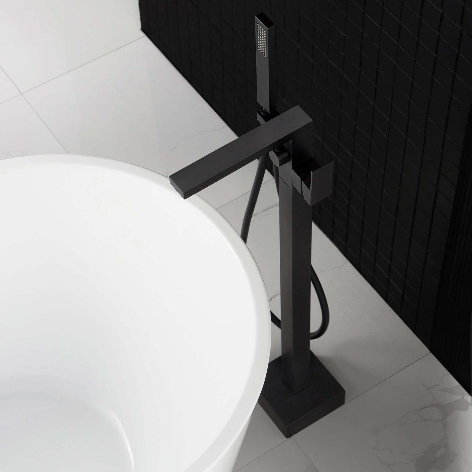  WOODBRIDGE F0009BL Contemporary Single Handle Floor Mount Freestanding Tub Filler Faucet with Hand shower in Matte Black Finish._4213