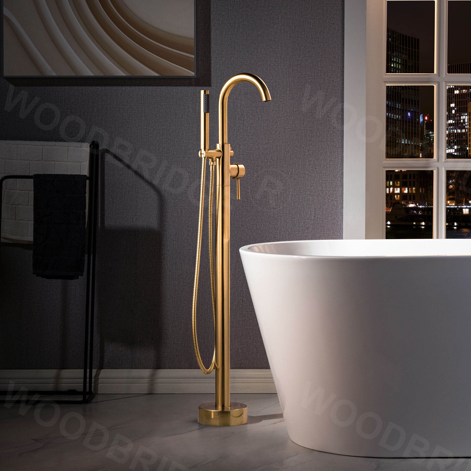  WOODBRIDGE F0026BGRD Contemporary Single Handle Floor Mount Freestanding Tub Filler Faucet with Cylinder Shape Hand shower in Brushed Gold Finish._4191
