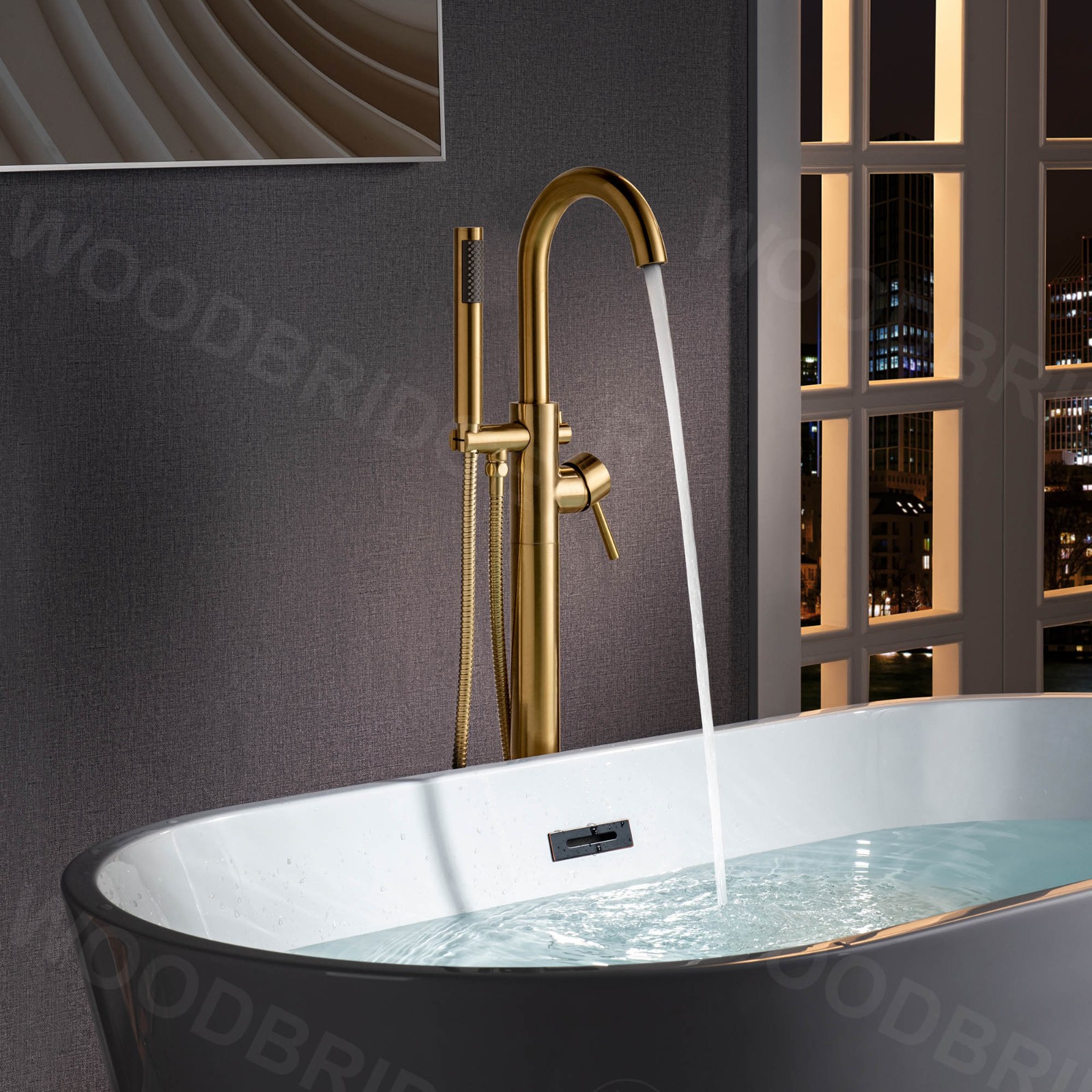  WOODBRIDGE F0026BGRD Contemporary Single Handle Floor Mount Freestanding Tub Filler Faucet with Cylinder Shape Hand shower in Brushed Gold Finish._4194