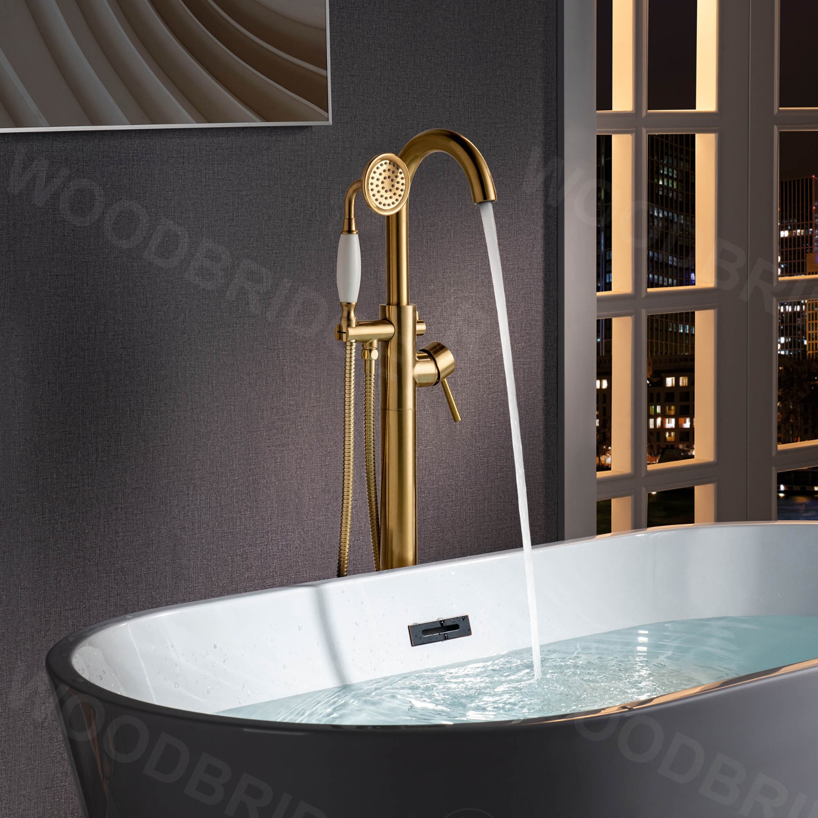  WOODBRIDGE F0026BGVT Fusion Single Handle Floor Mount Freestanding Tub Filler Faucet with Telephone Hand shower in Brushed Gold Finish._4185