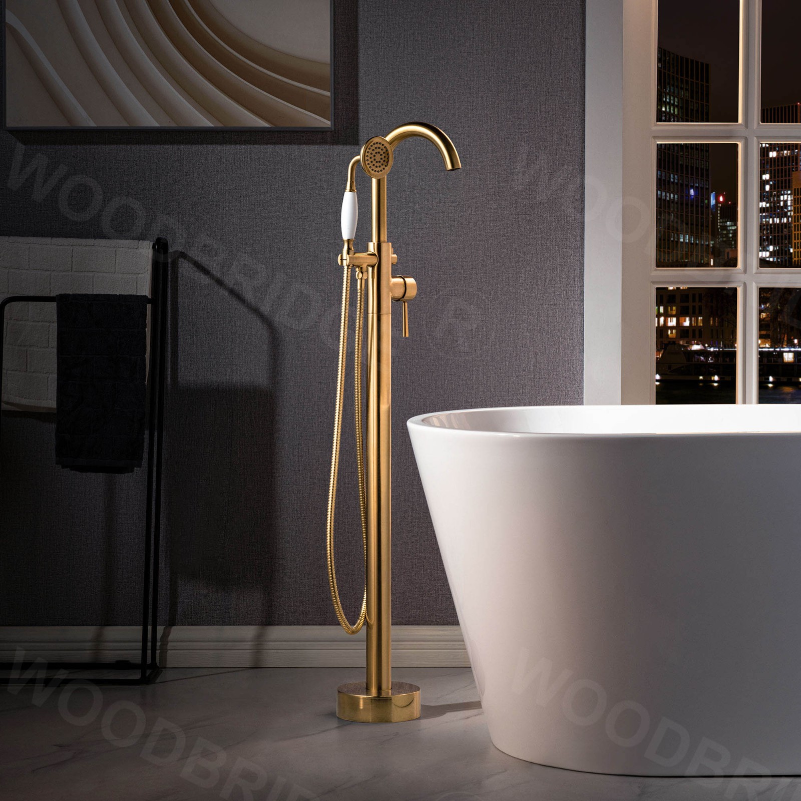  WOODBRIDGE F0026BGVT Fusion Single Handle Floor Mount Freestanding Tub Filler Faucet with Telephone Hand shower in Brushed Gold Finish._4182