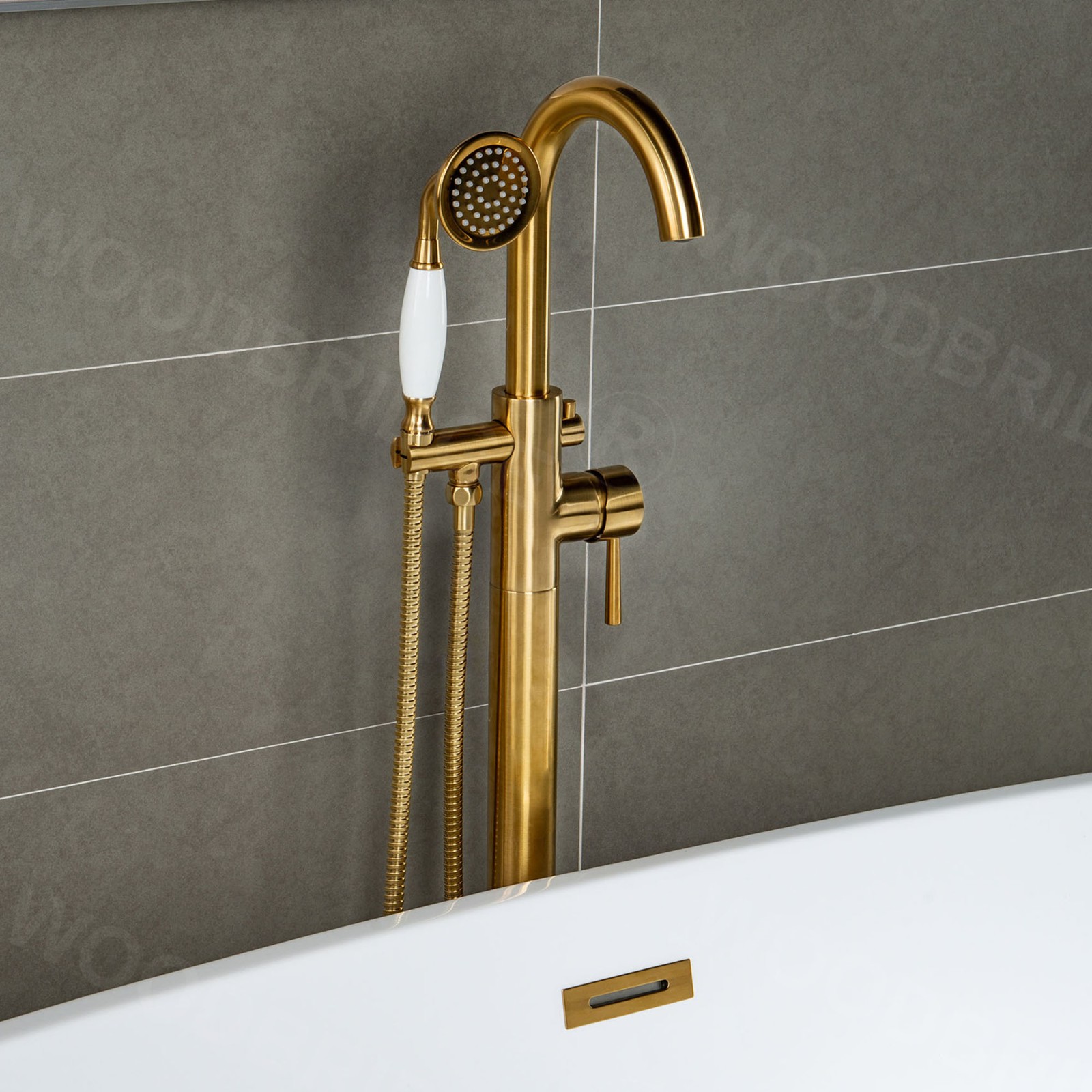 WOODBRIDGE F0026BGVT Fusion Single Handle Floor Mount Freestanding Tub Filler Faucet with Telephone Hand shower in Brushed Gold Finish._4189