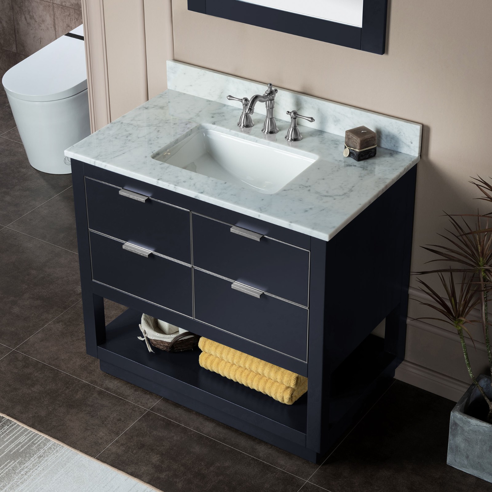 thumbnail image 2 of Runfine 36-in Baltic Birch Undermount Single Sink Bathroom Vanity With Carrara White Engineered Stone Top In Yellow | RF110437 2 of 13