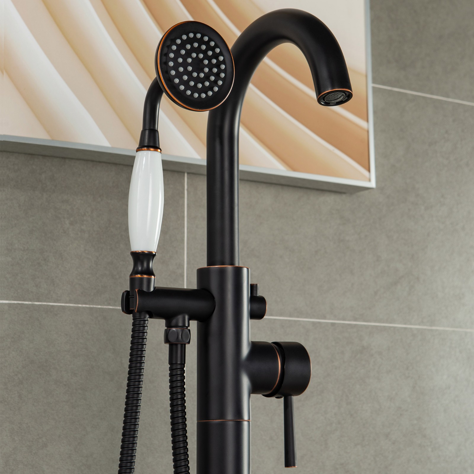  WOODBRIDGE F0027ORBVT Fusion Single Handle Floor Mount Freestanding Tub Filler Faucet with Telephone Hand shower in Oil Rubbed Bronze Finish._2100
