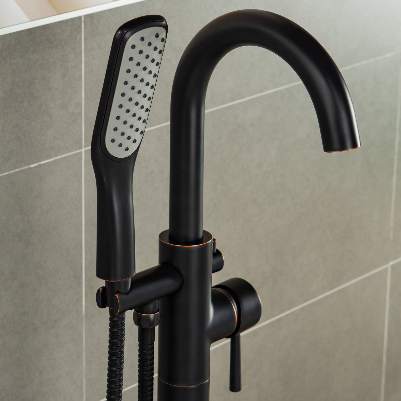  WOODBRIDGE F0027ORBSQ Fusion Single Handle Floor Mount Freestanding Tub Filler Faucet with Square Comfort Grip Hand Shower in Oil Rubbed Bronze Finish._2091