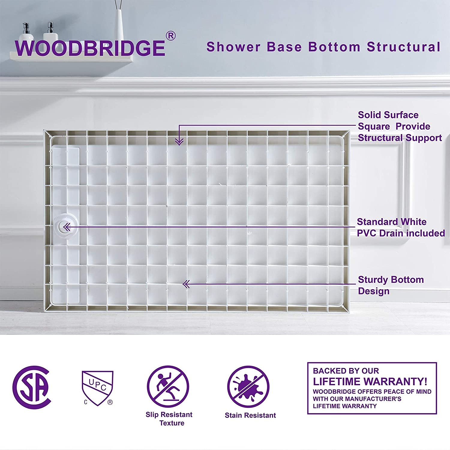  WOODBRIDGE SBR4832-1000L-CH SolidSurface Shower Base with Recessed Trench Side Including  Chrome Linear Cover, 48