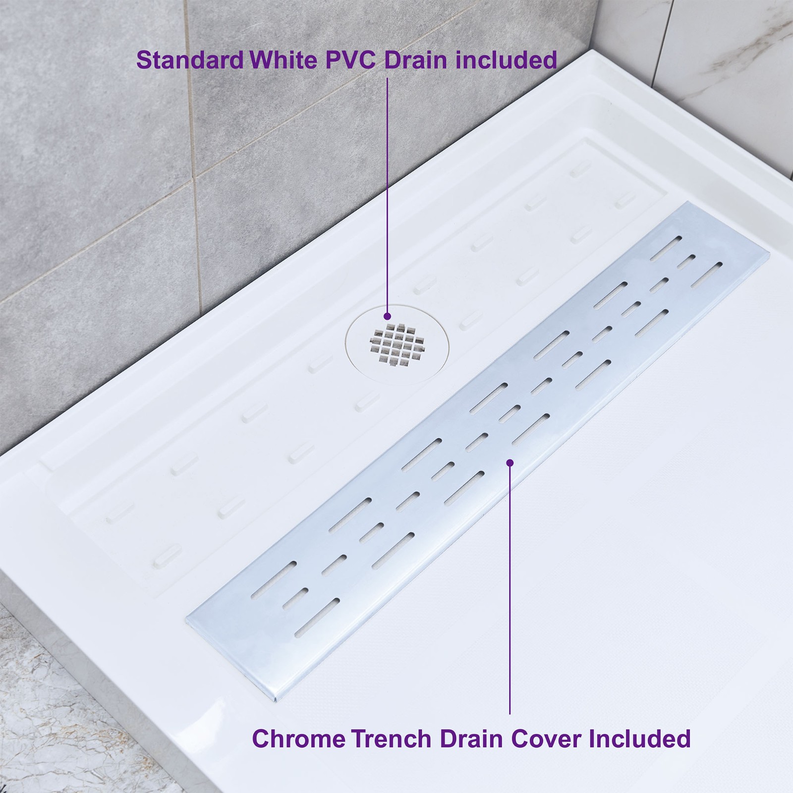  WOODBRIDGE SBR4832-1000R-CH SolidSurface Shower Base with Recessed Trench Side Including  Chrome Linear Cover, 48