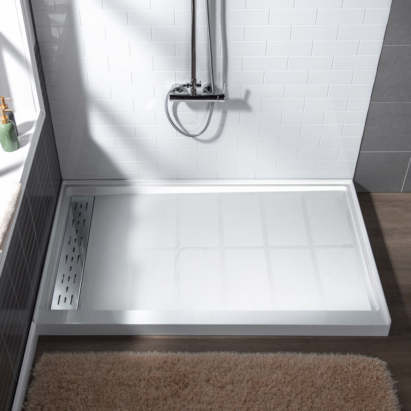  WOODBRIDGE SBR4836-1000L-CH SolidSurface Shower Base with Recessed Trench Side Including  Chrome Linear Cover, 48