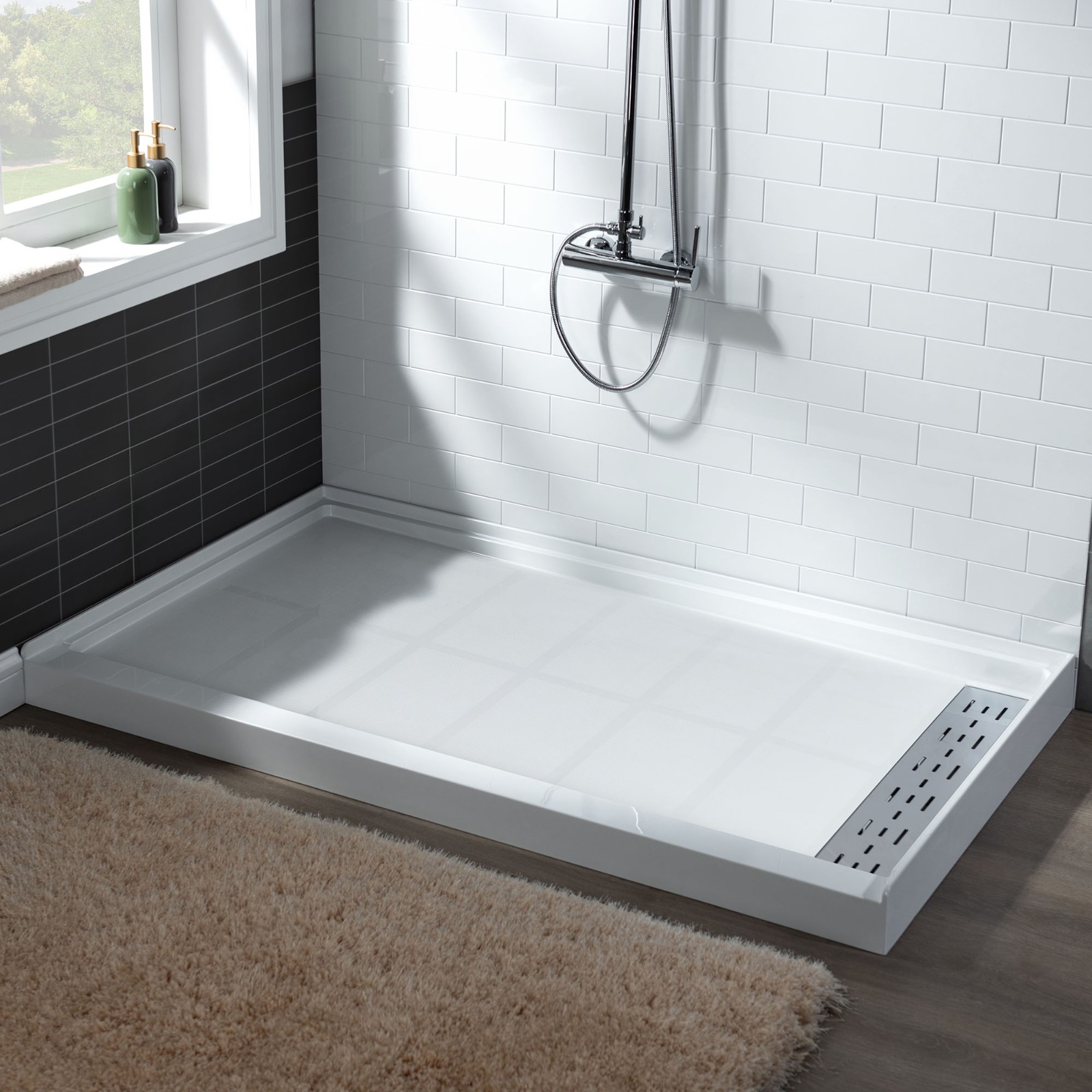  WOODBRIDGE SBR4836-1000R-CH SolidSurface Shower Base with Recessed Trench Side Including  Chrome Linear Cover, 48