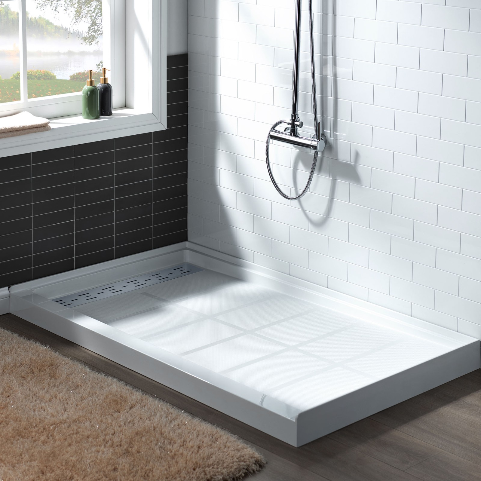  WOODBRIDGE SBR6030-1000L-CH SolidSurface Shower Base with Recessed Trench Side Including  Chrome Linear Cover, 60