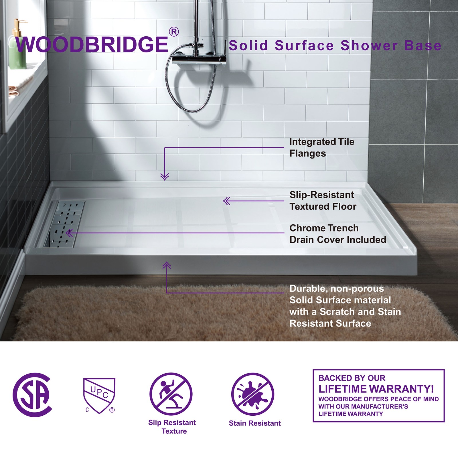  WOODBRIDGE SBR6032-1000L-CH SolidSurface Shower Base with Recessed Trench Side Including  Chrome Linear Cover, 60