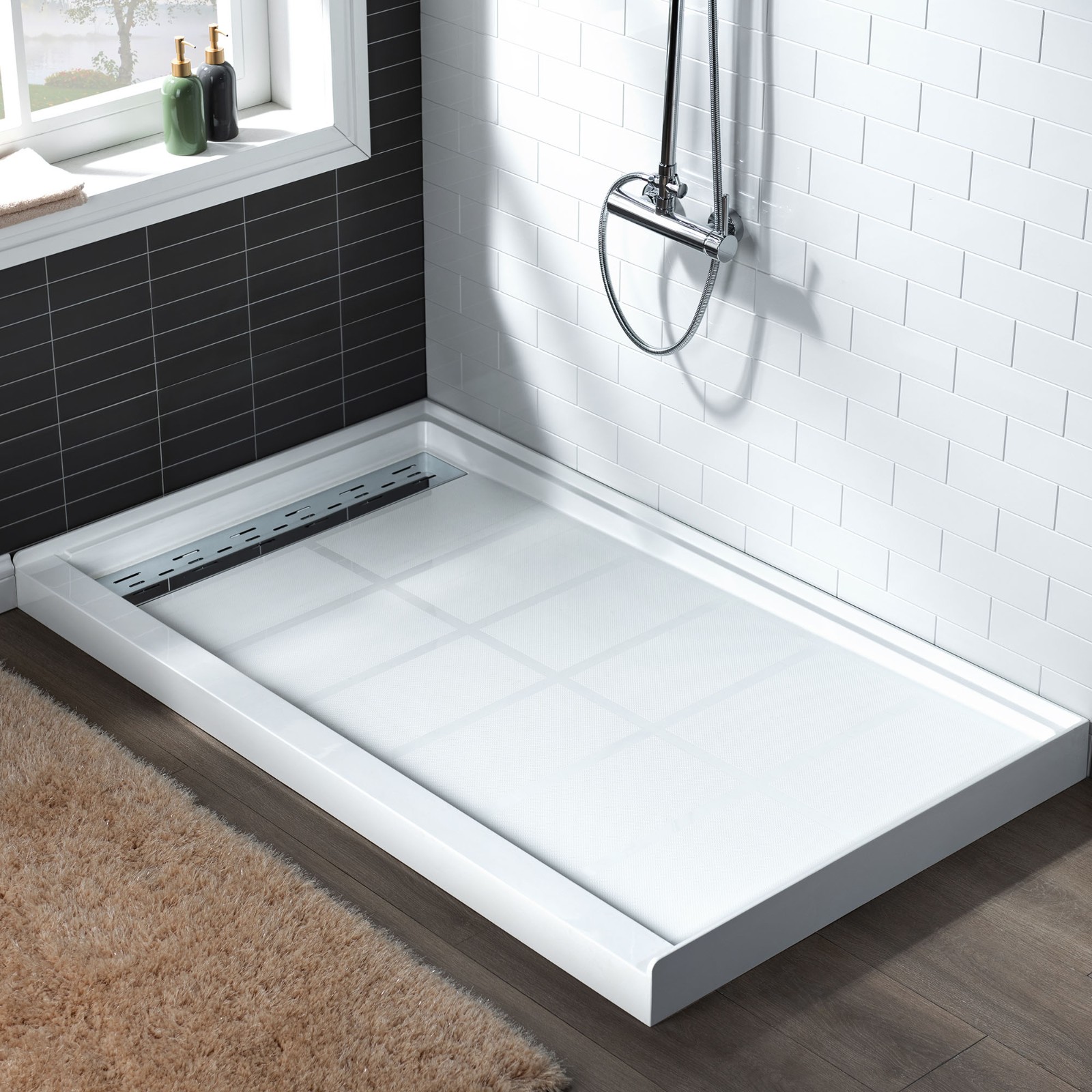  WOODBRIDGE SBR6034-1000L-CH SolidSurface Shower Base with Recessed Trench Side Including  Chrome Linear Cover, 60