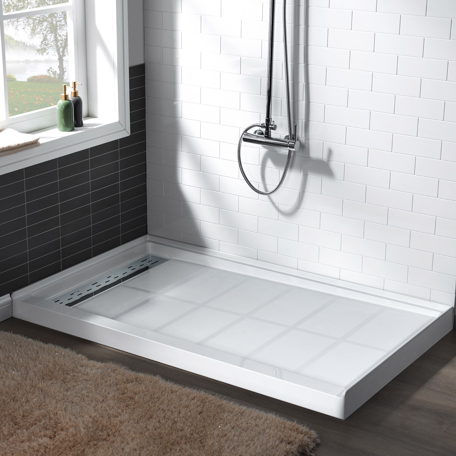  WOODBRIDGE SBR6034-1000L-CH SolidSurface Shower Base with Recessed Trench Side Including  Chrome Linear Cover, 60