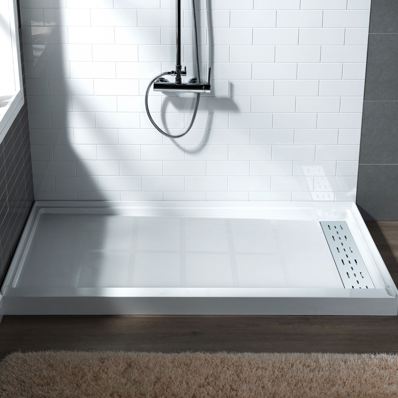  WOODBRIDGE SBR6034-1000R-CH SolidSurface Shower Base with Recessed Trench Side Including  Chrome Linear Cover, 60