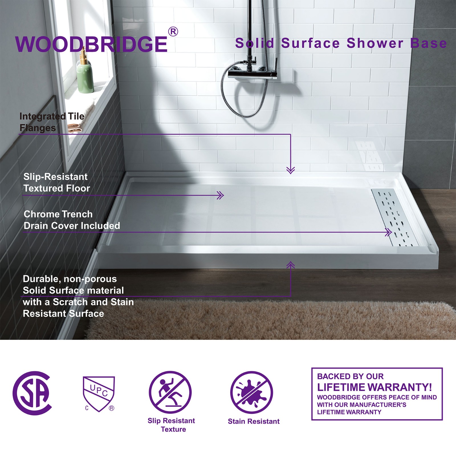  WOODBRIDGE SBR6034-1000R-CH SolidSurface Shower Base with Recessed Trench Side Including  Chrome Linear Cover, 60