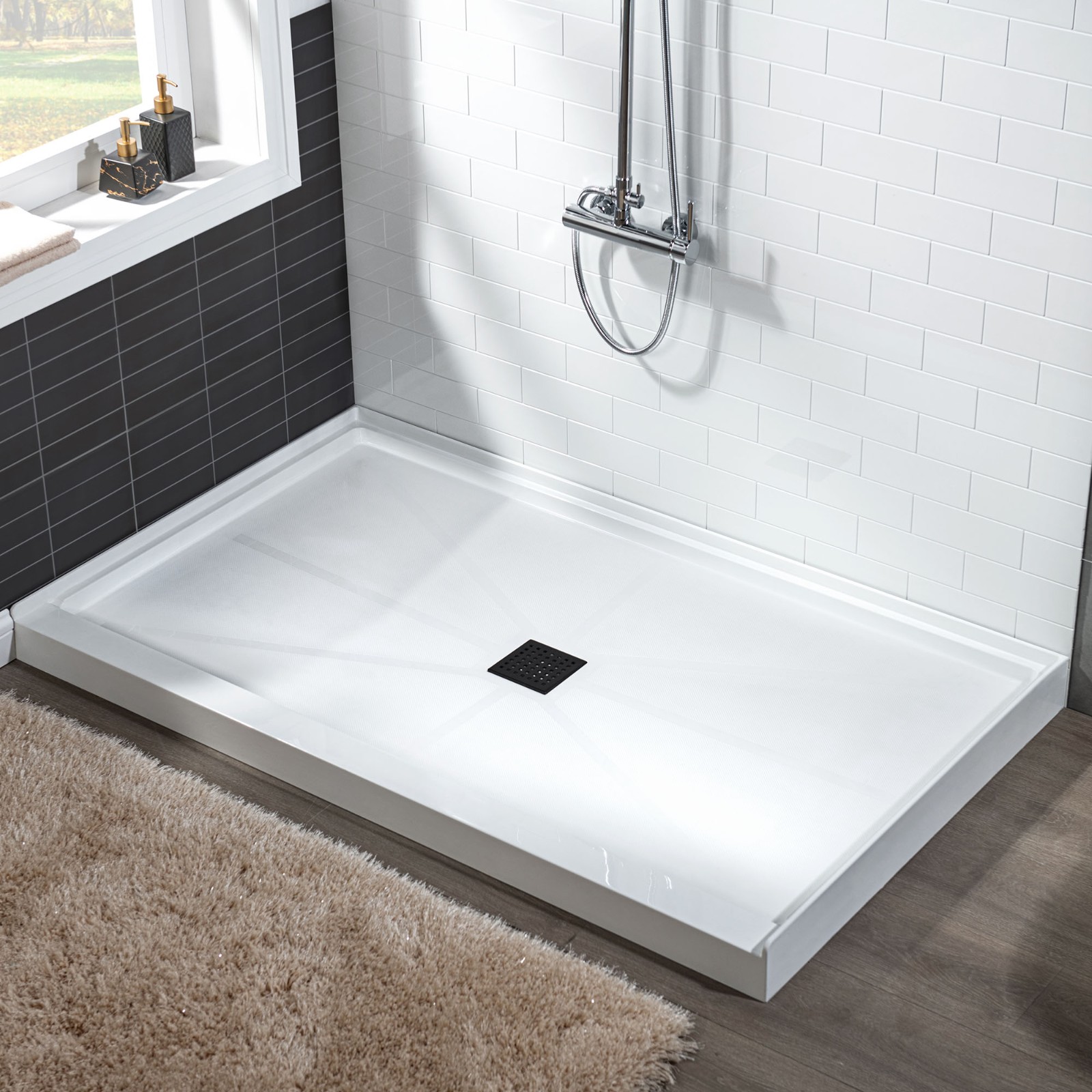  WOODBRIDGE SBR4832-1000C-MB SolidSurface Shower Base with Recessed Trench Side Including Matte Black Linear Cover, 48