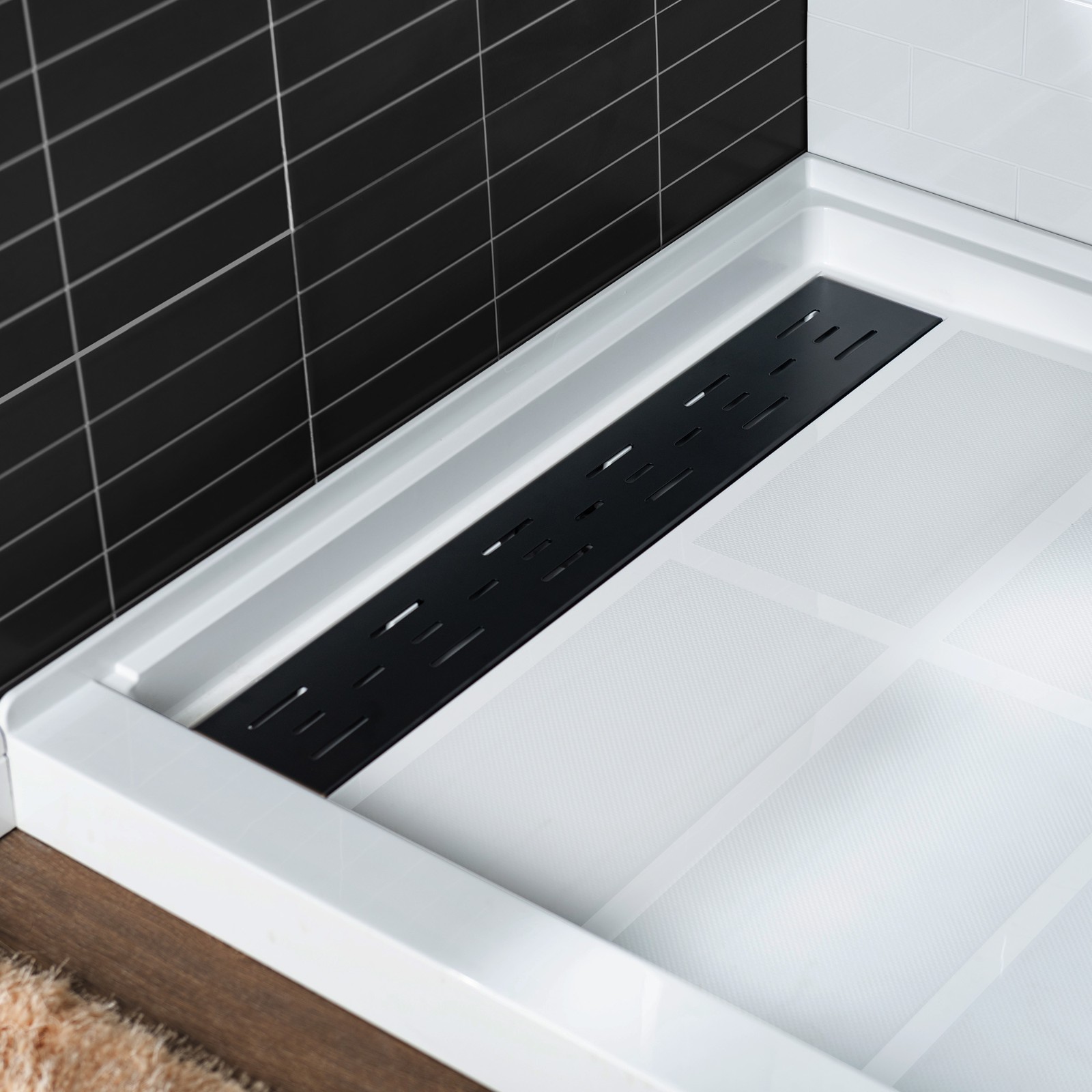  WOODBRIDGE SBR4832-1000L-MB SolidSurface Shower Base with Recessed Trench Side Including Matte Black Linear Cover, 48