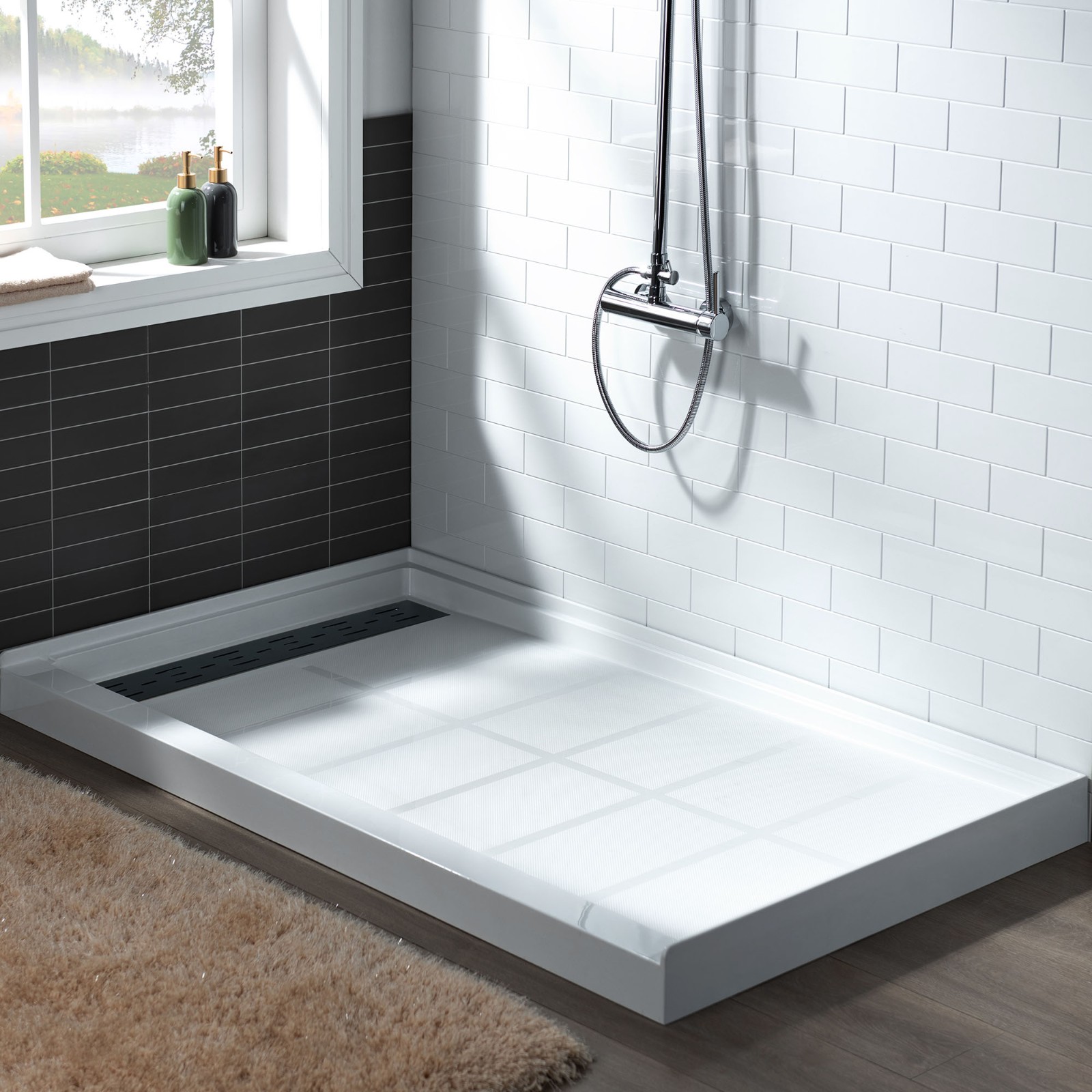  WOODBRIDGE SBR4832-1000L-MB SolidSurface Shower Base with Recessed Trench Side Including Matte Black Linear Cover, 48