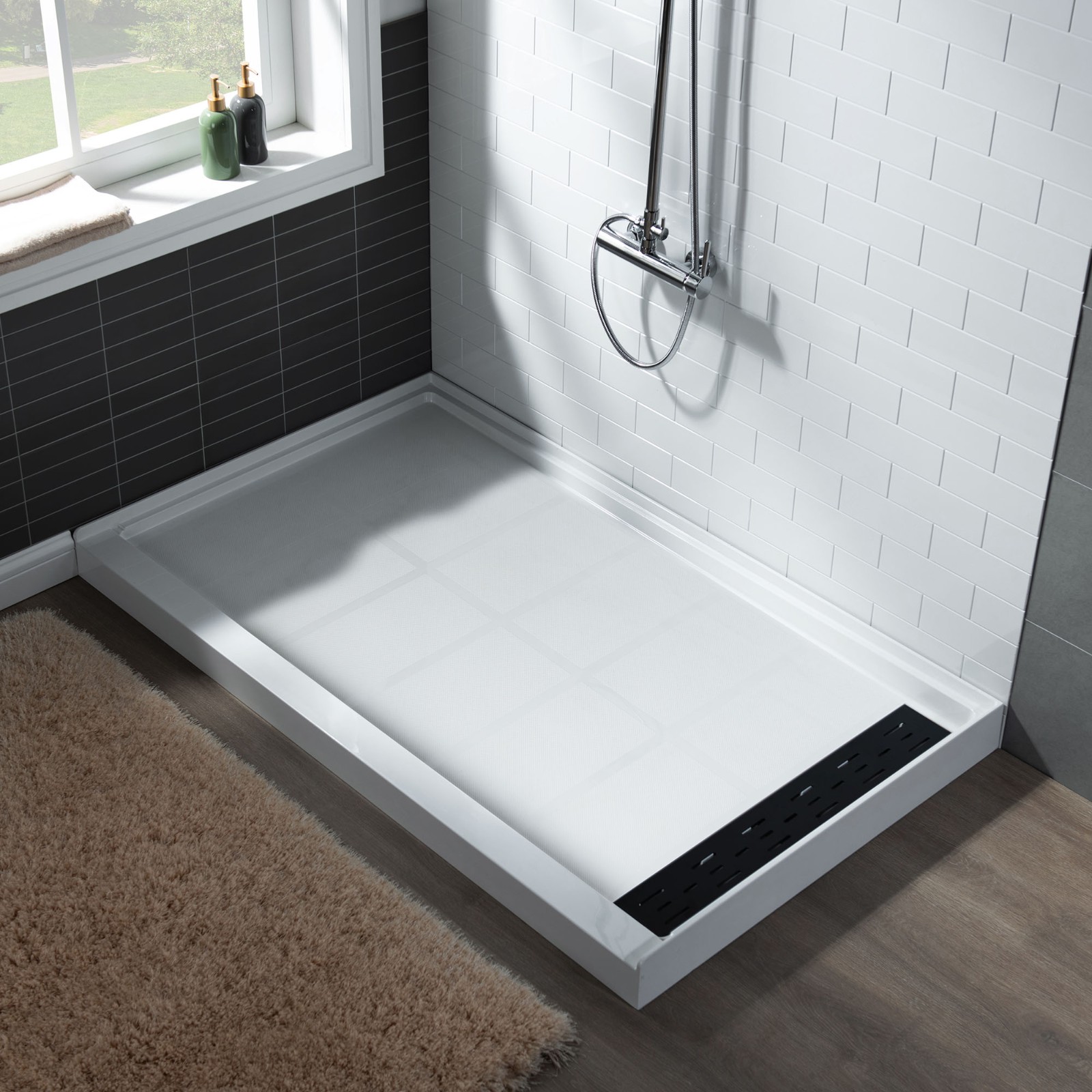  WOODBRIDGE SBR4832-1000R-MB SolidSurface Shower Base with Recessed Trench Side Including Matte Black Linear Cover, 48