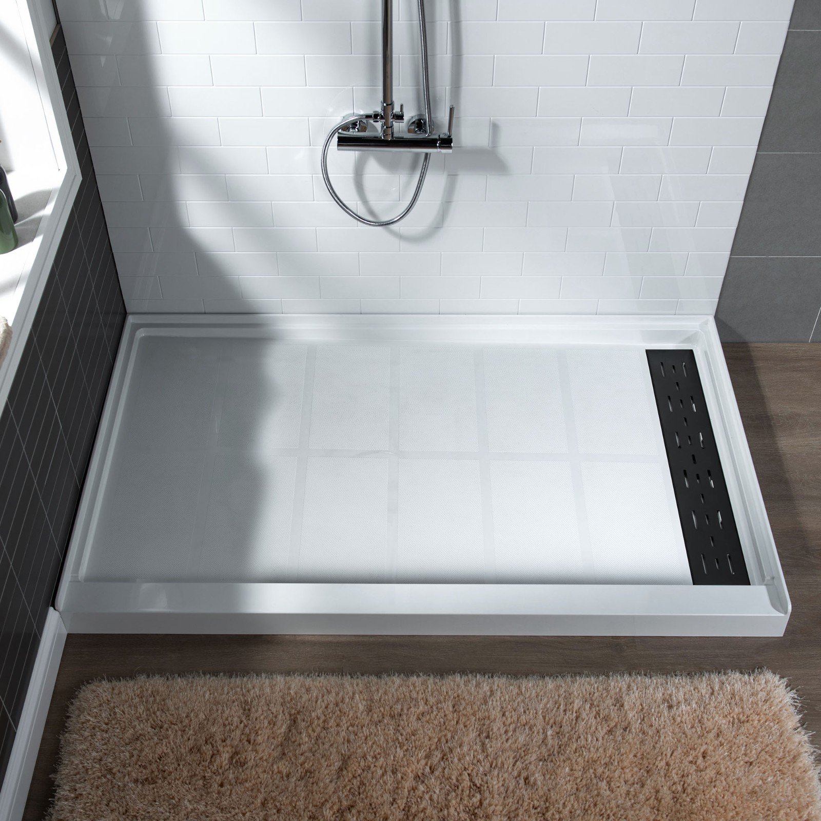  WOODBRIDGE SBR4832-1000R-MB SolidSurface Shower Base with Recessed Trench Side Including Matte Black Linear Cover, 48